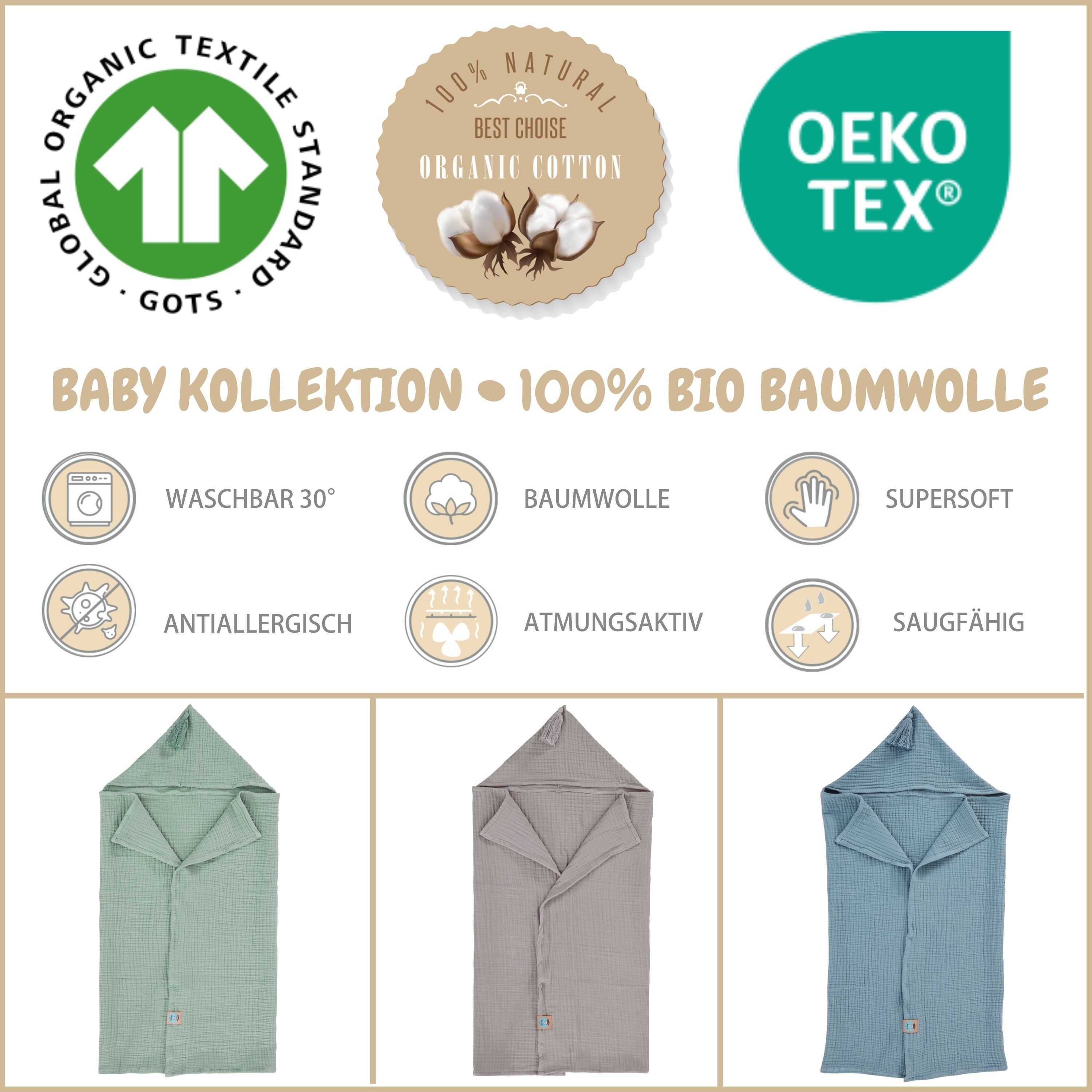 SEI Design Kapuzenhandtuch 75x100 Badeponcho stone-grey, Musselin (1-St), Musselin 4-lagig - 100% BIO Baumwolle – Bild 2 von 5