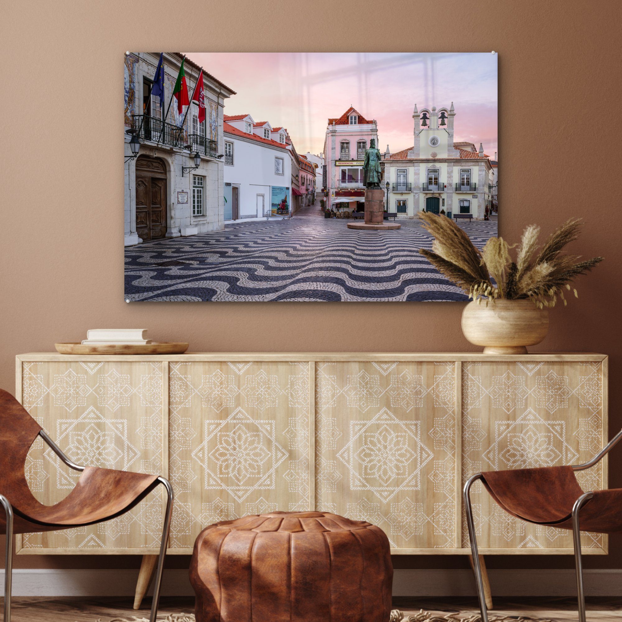 Sonnenuntergang, - MuchoWow Wohnzimmer St), Acrylglasbilder & Schlafzimmer Acrylglasbild Stadtplatz Lissabon (1 -