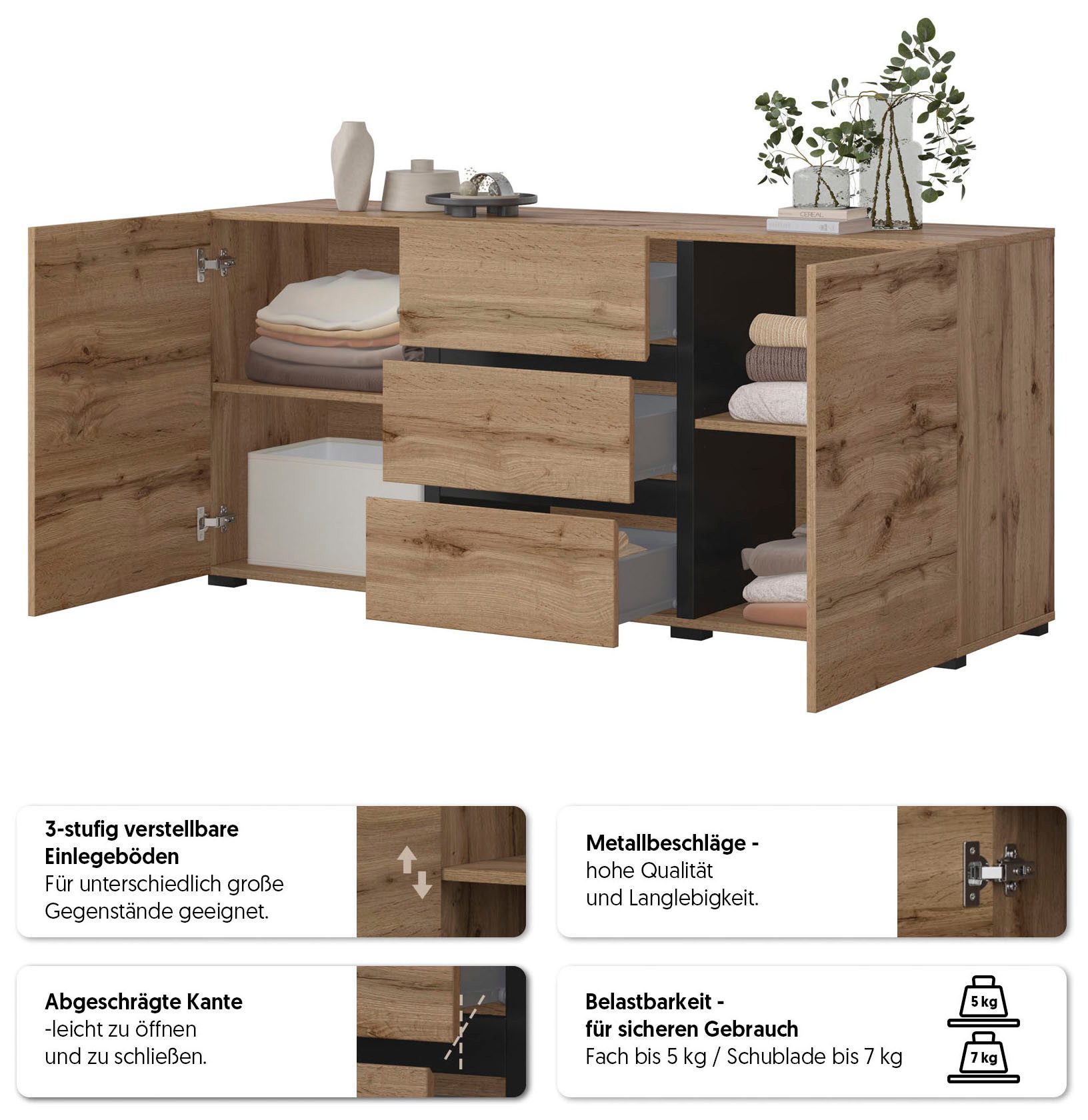 OTTO home Sideboard Cross, Breite 150 cm, moderne grifflose Kommode, 2Türen/3 Schubkästen, Schubladenkommode mit viel Stauraum, Einlegeböden verstellbar