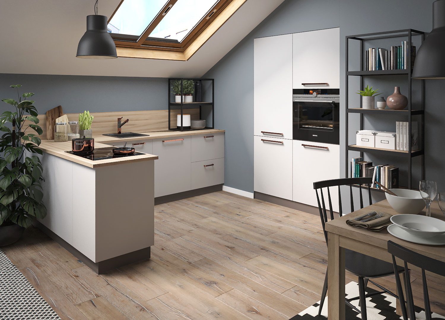 Feldmann-Wohnen Winkelküche Bonn, (Schubladen mit Vollauszug + Selbsteinzug (HETTICH InnoTech Atira), 270x170cmx207cm Korpus lava / Front weiß matt mit Besteckkasteneinsatz