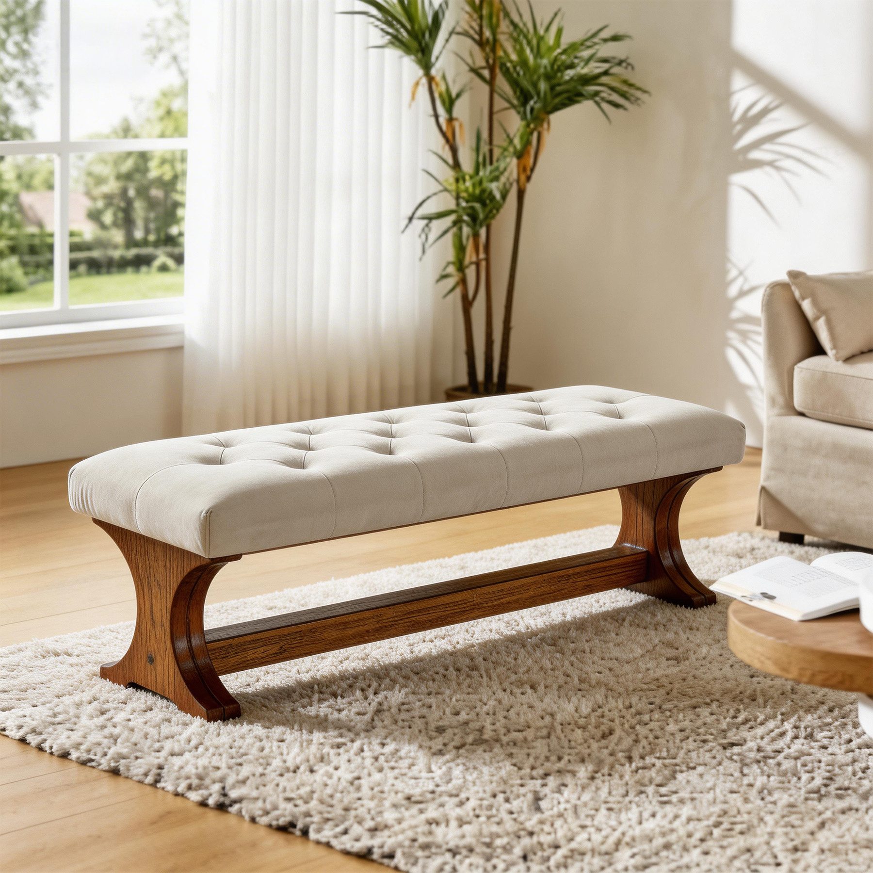 Tribesigns Schuhbank Gepolsterte 140 cm Bettbank, Massivholz-Eingangsbank mit Knopfheftung (Landhaus-Hocker mit Kissen für Schlafzimmer, Fußende des Bettes, Wohnzimmer, Flur, Hellgrau)