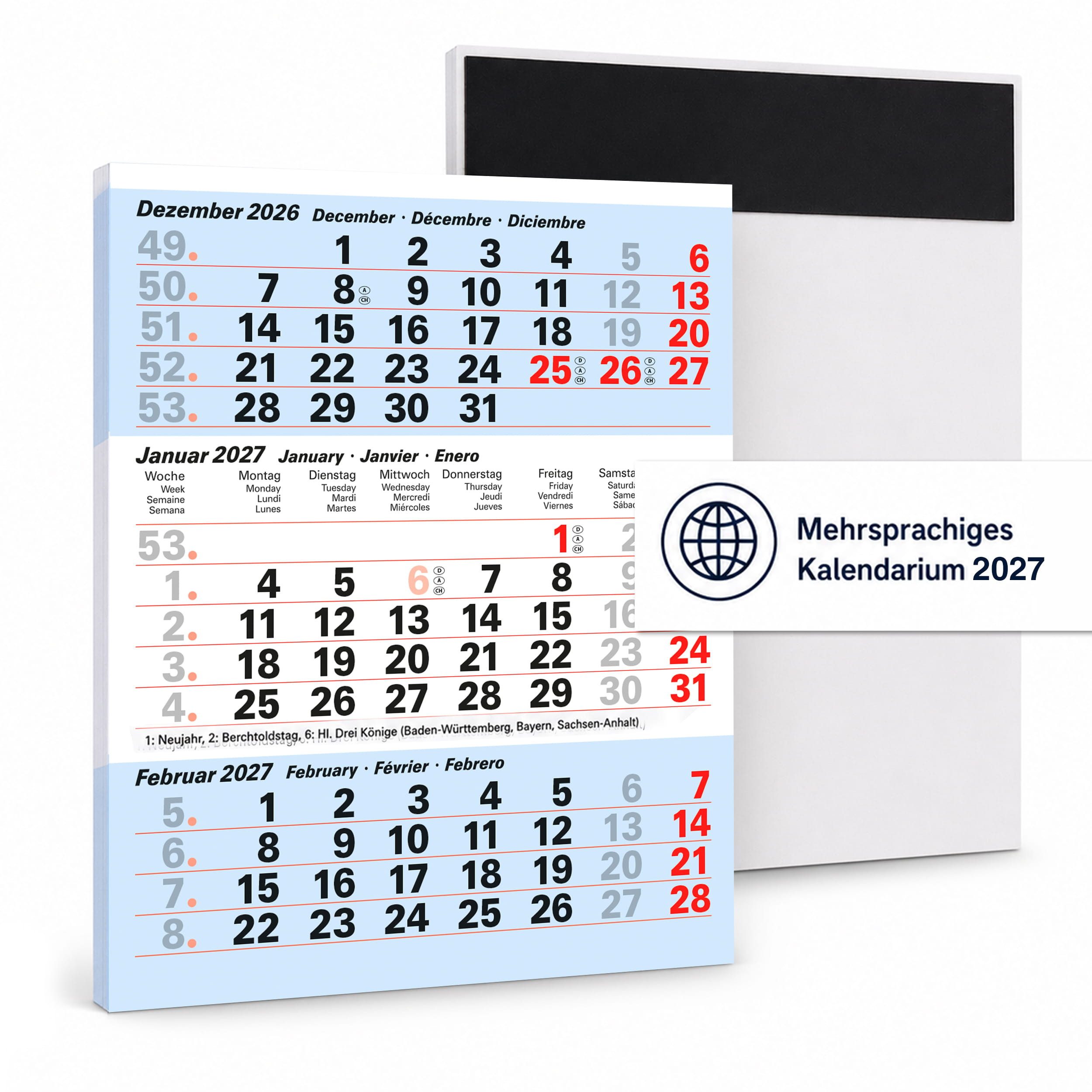 TOBJA Tischkalender Ersatz-Kalendarium 2027 magnetisch für Tischkalender (Ice), Ersatzblock, ohne Aufsteller, 3 Monate, magnetisch, Feiertage