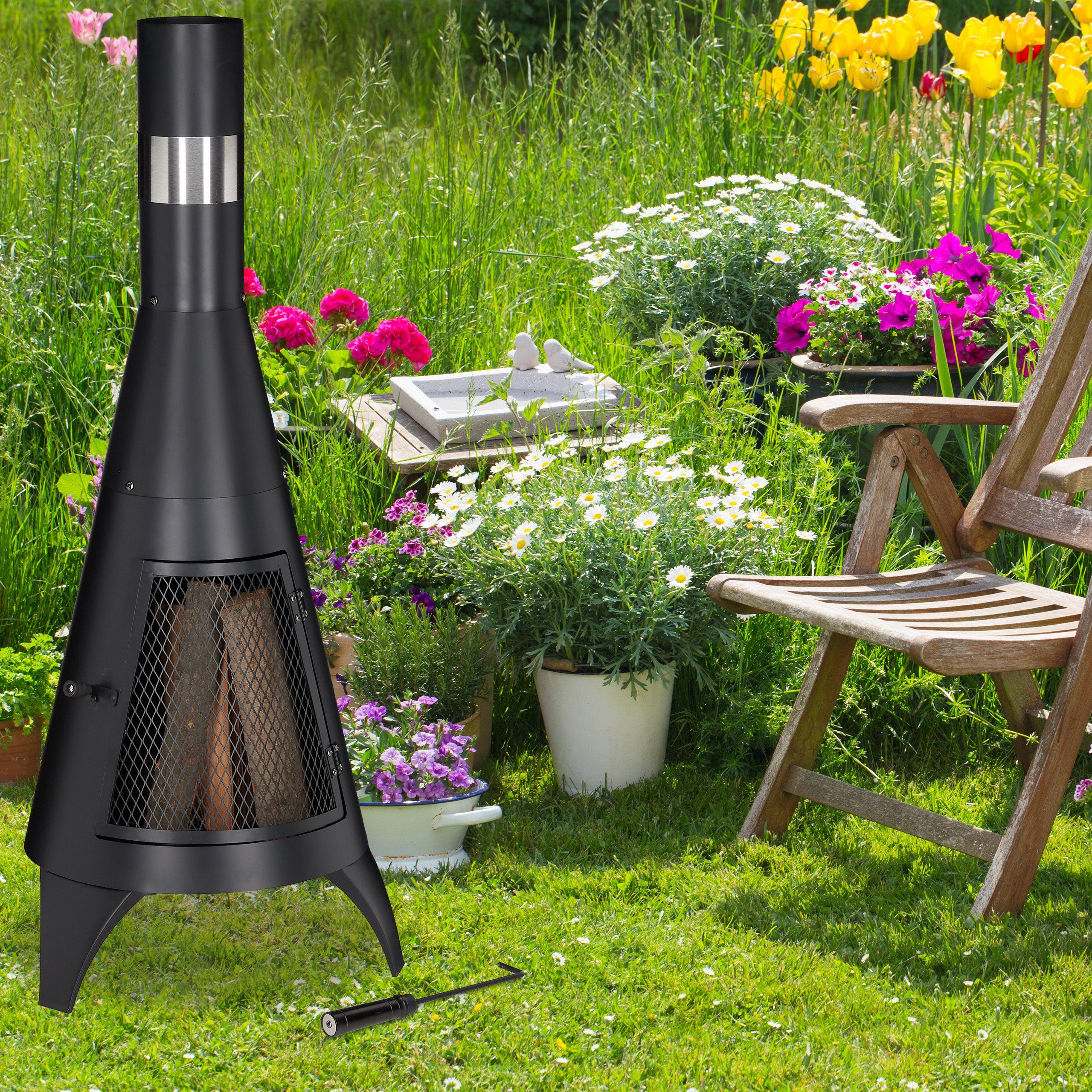 relaxdays fire pit patio heater with door, black