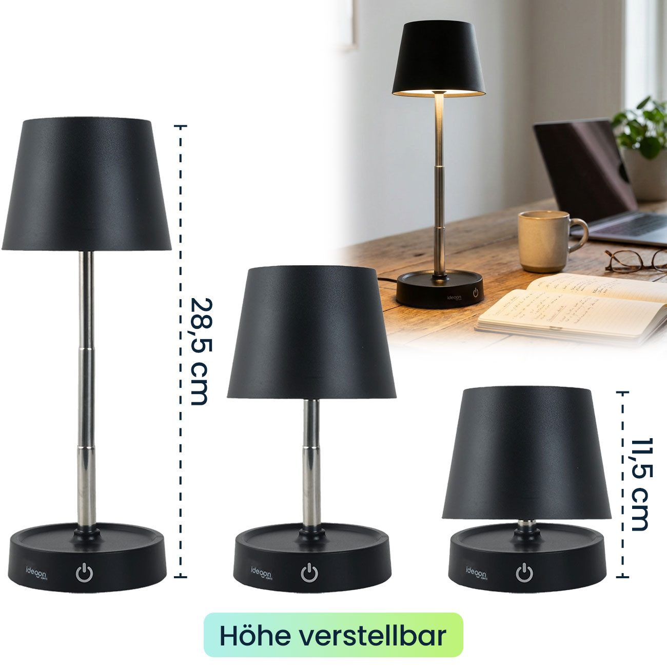 shop'n smile ideoon LED Tischleuchte Dimmbare LED-Tischleuchte mit Akku Nachttischlampe höhenverstellbar, LED fest integriert, Stufenlos dimmbar, höhenverstellb – Bild 5 von 5