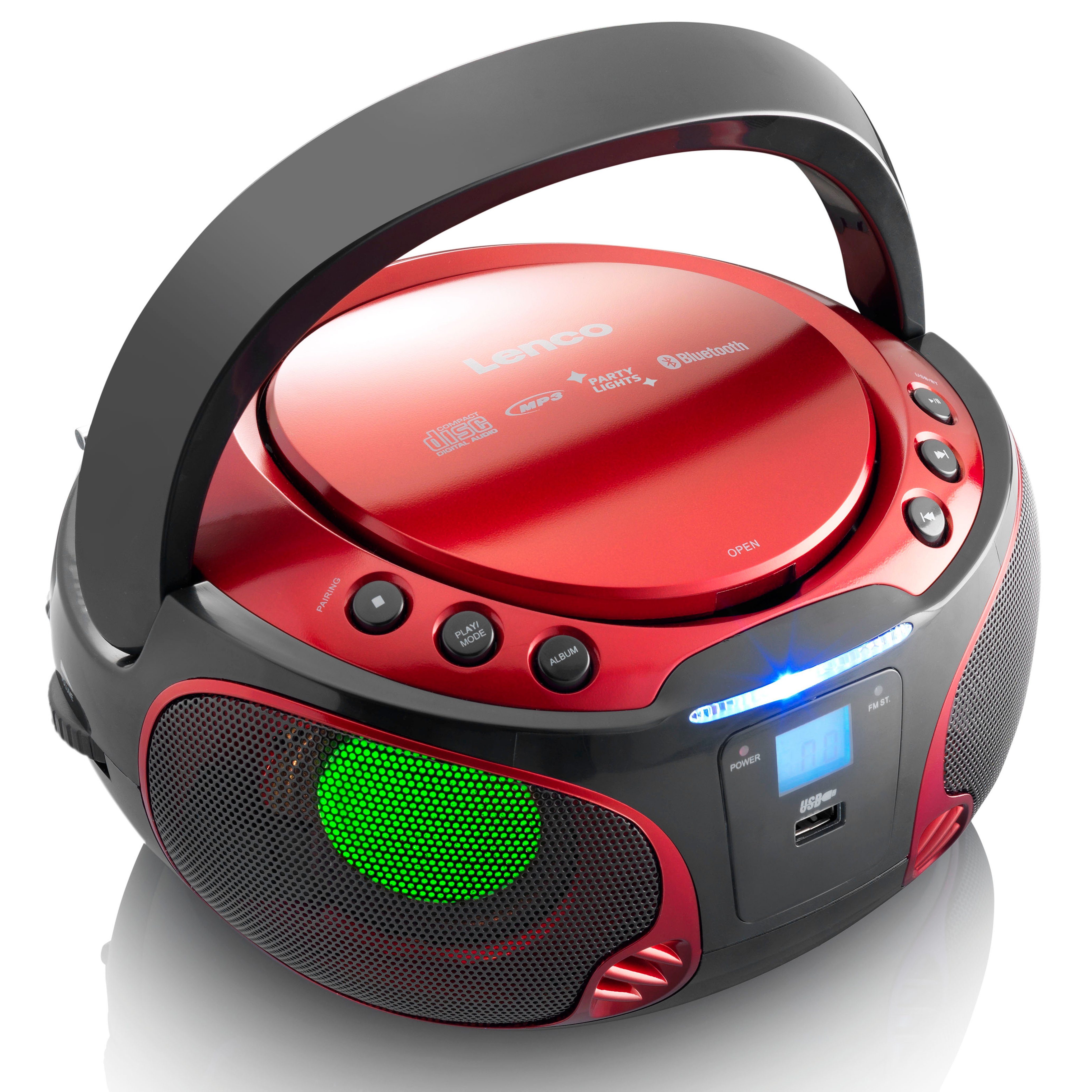 Lenco SCD-550RD UKW-Radio (FM, 5 W, CD/MP3-Player mit Lichteffekten, Bluetooth 5.0, USB & AUX in Rot) – Bild 4 von 5