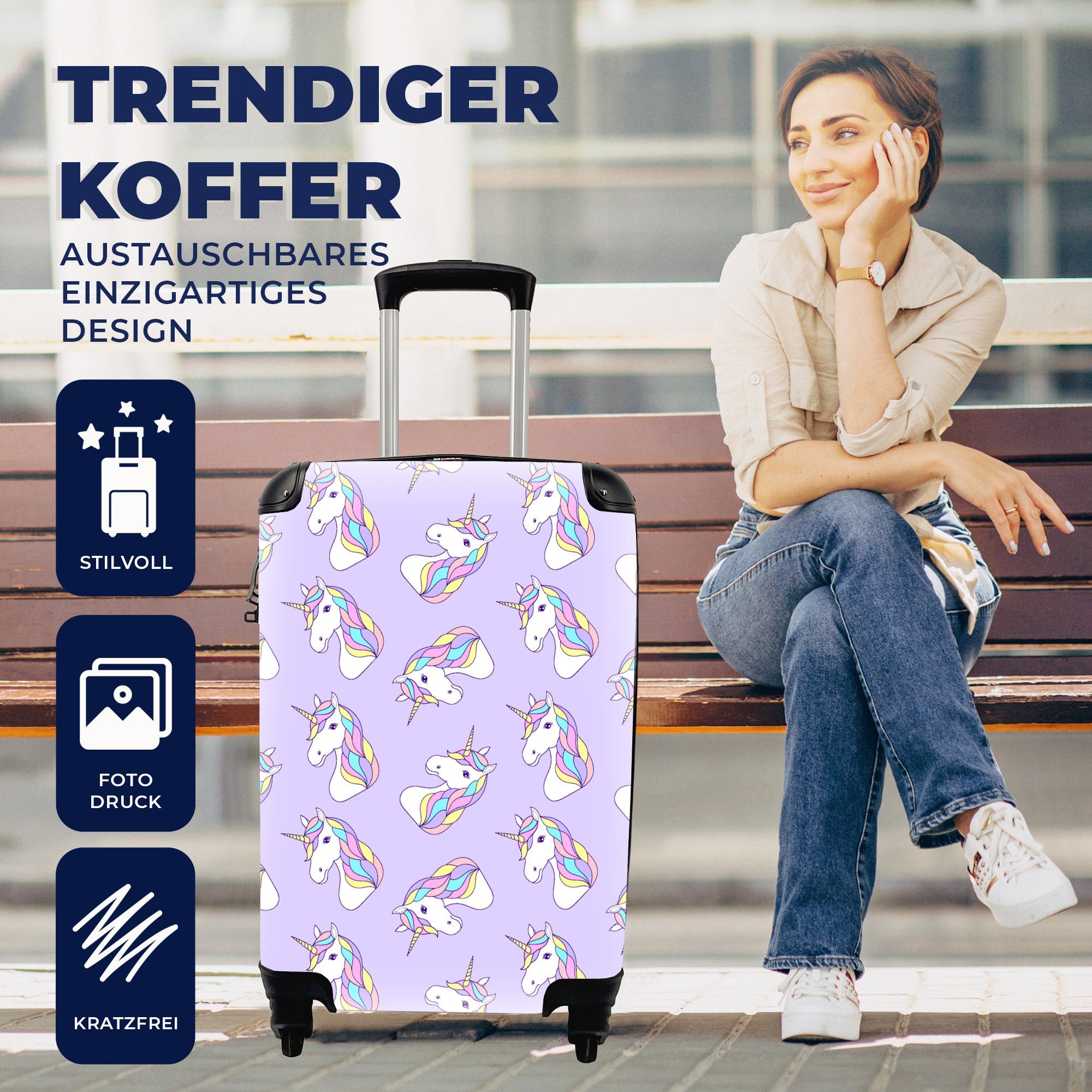 rollen, Rollen, Reisetasche Ferien, Einhorn - Handgepäckkoffer Reisekoffer Trolley, MuchoWow für mit Muster, - Handgepäck 4 Pastell