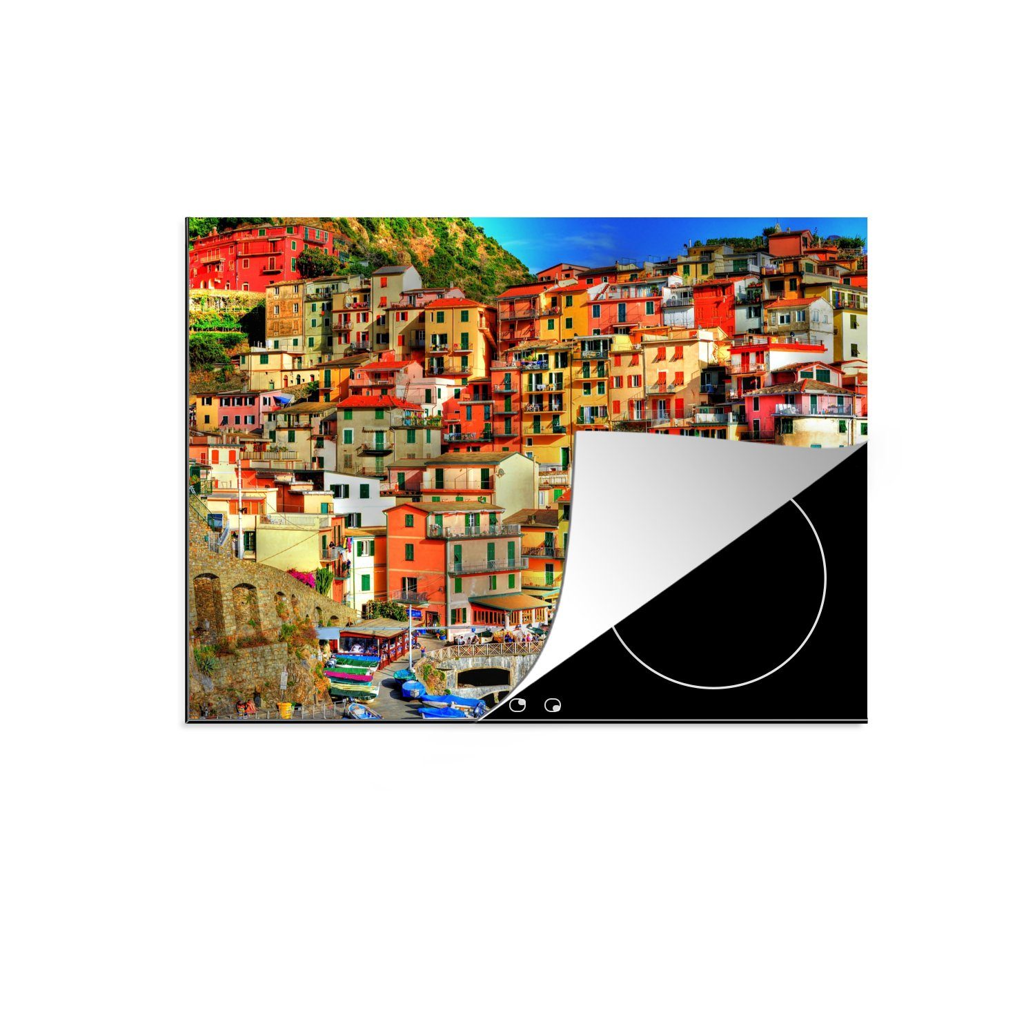 MuchoWow Herdblende-/Abdeckplatte Bunte Häuser in den Bergen von Cinque Terre, Vinyl, (1 tlg), 70x52 cm, Mobile Arbeitsfläche nutzbar, Ceranfeldabdeckung