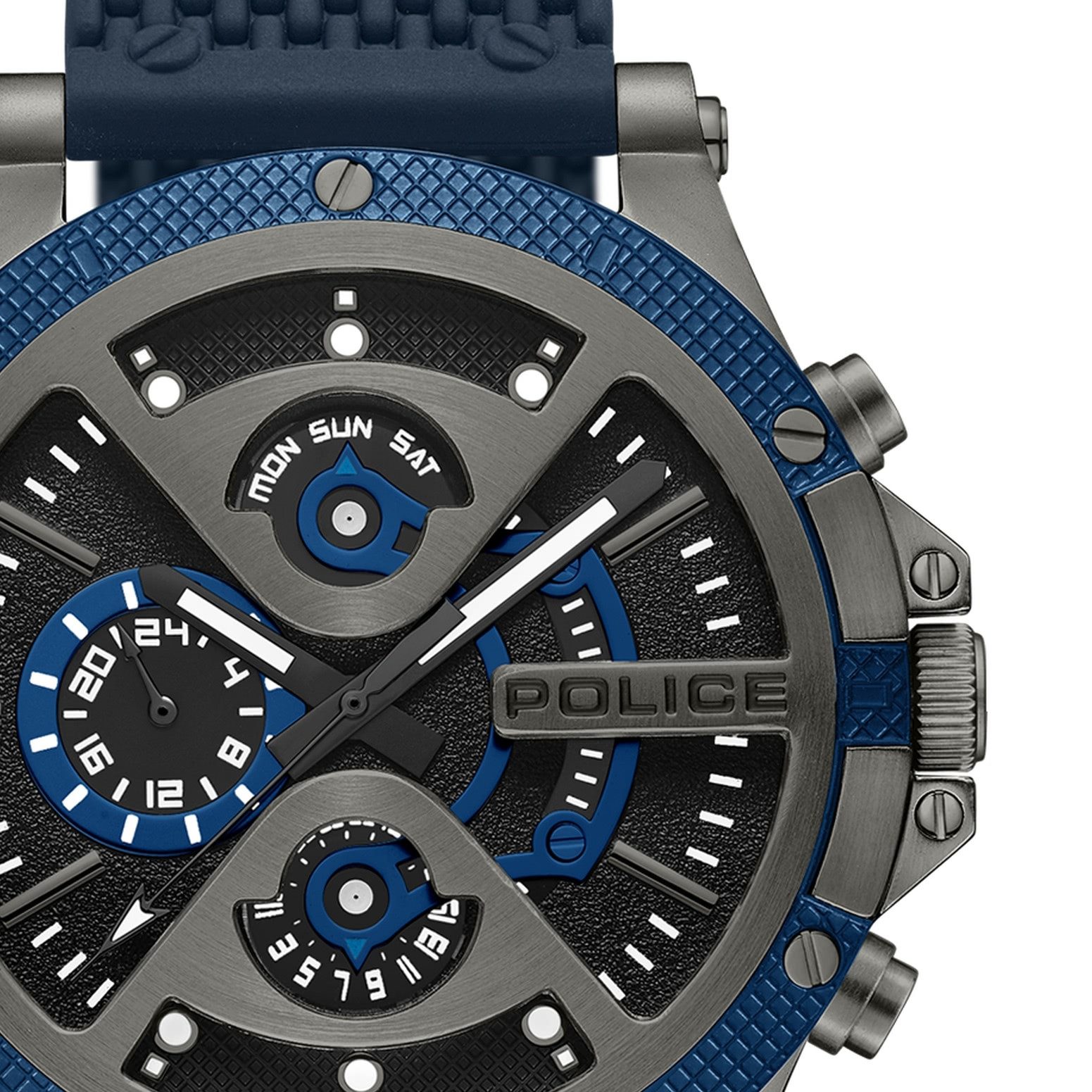 Police Multifunktionsuhr Police Herrenuhr Silikon blau, (Multifunktionsuhr), Herrenuhr rund, extra groß (ca. 47mm) Silikonarmband, Luxus-Style