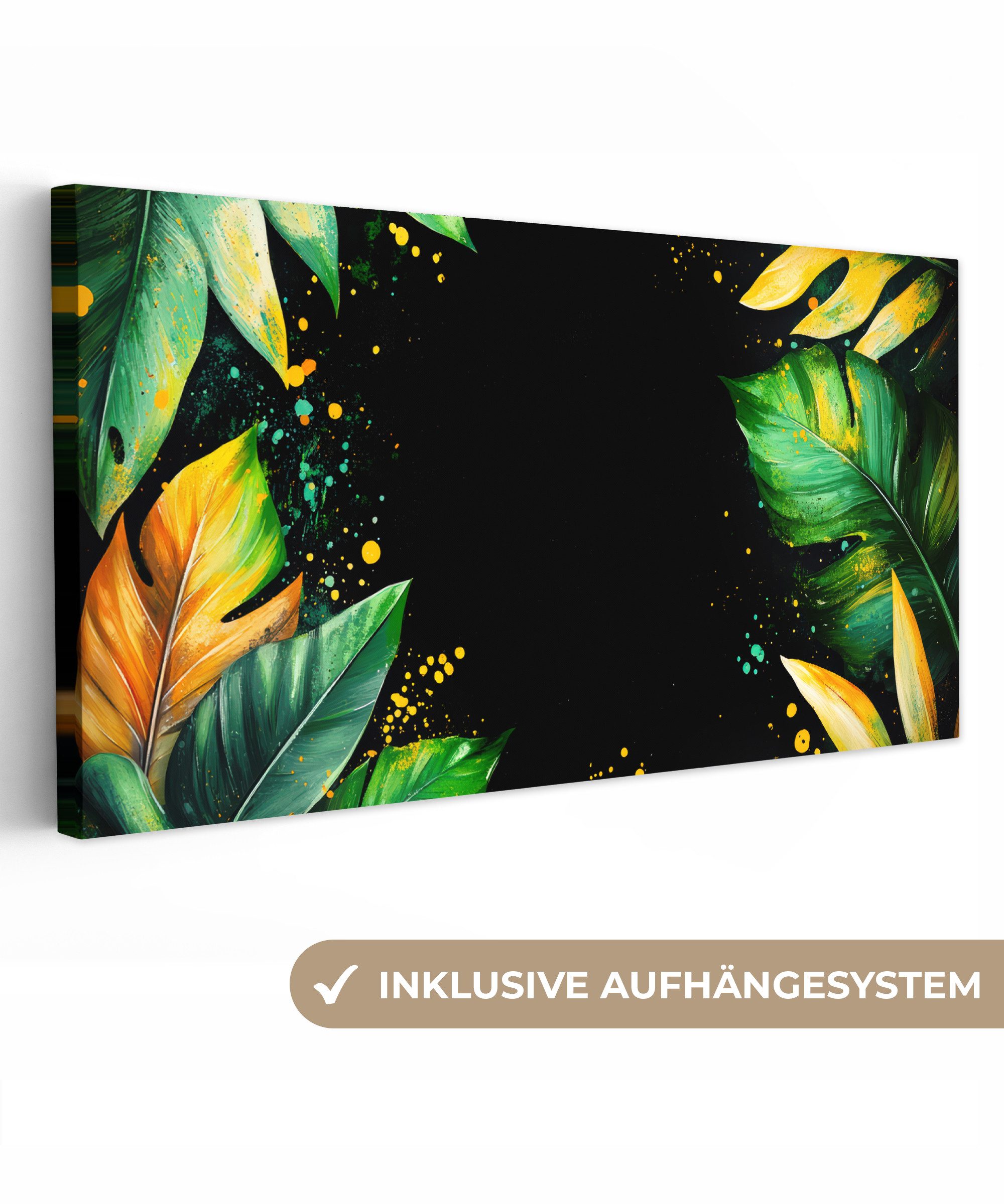 OneMillionCanvasses® Leinwandbild Panorama Blätter - Grün - Gelb - Farbe - Dschungel, Fotodruck (1 St), Leinwand Bilder für Wohnzimmer Schlafzimmer 60x30 cm