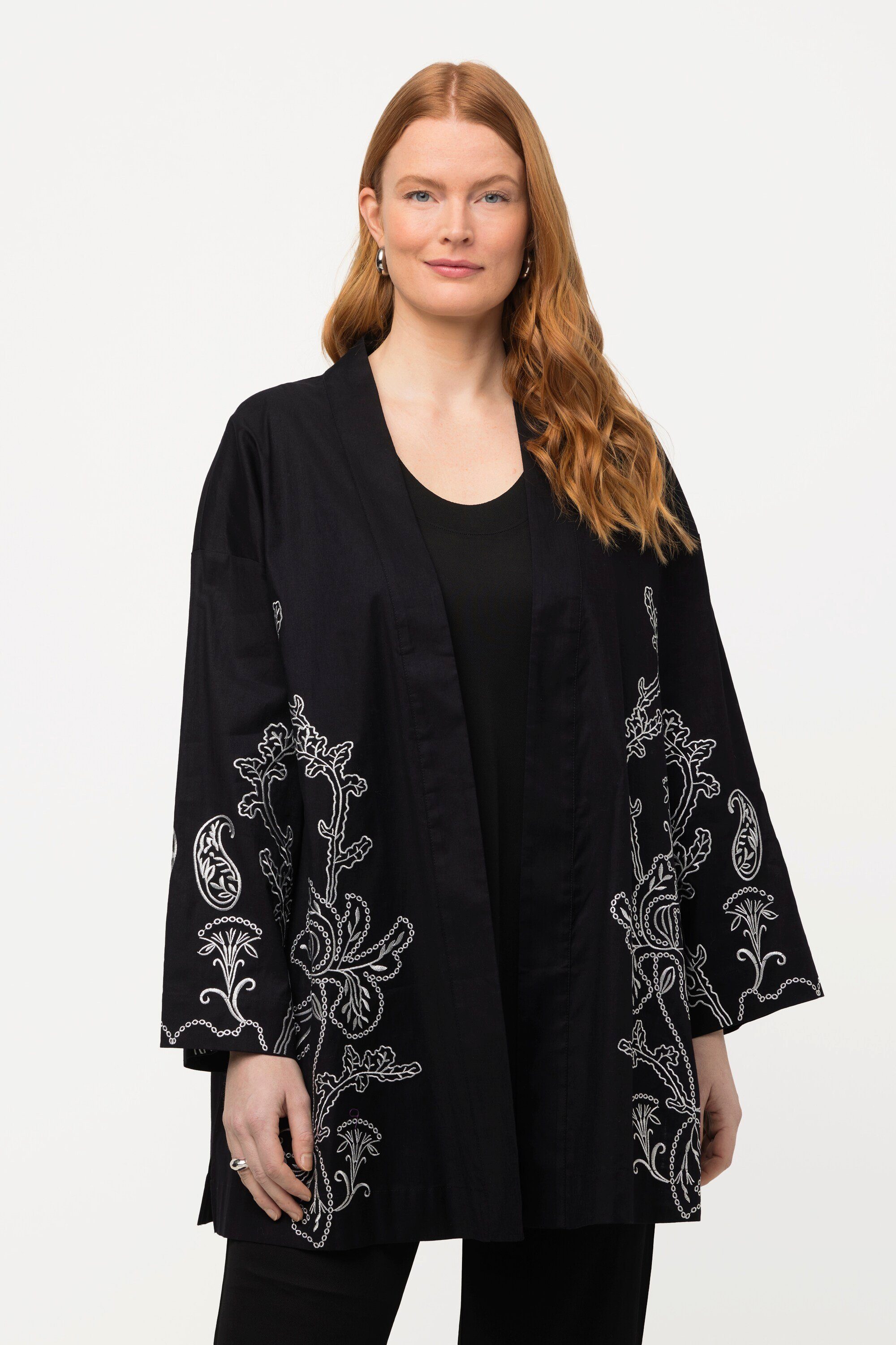 Ulla Popken Kimono Kimono-Jacke Stickerei Leinenmix offene Form, Langform, Materialmix