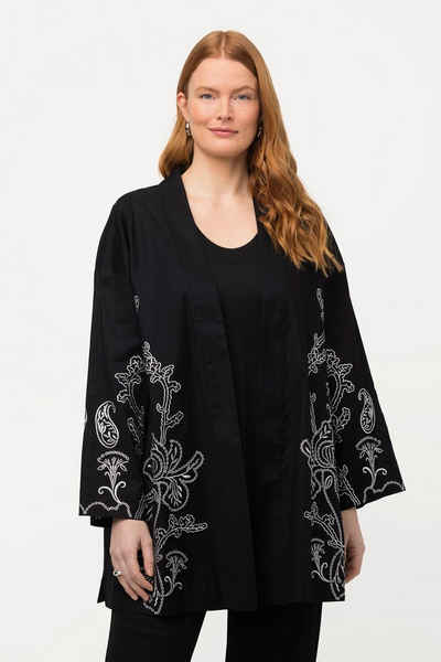 Ulla Popken Kimono Kimono-Jacke Stickerei Leinenmix offene Form, Langform, Materialmix