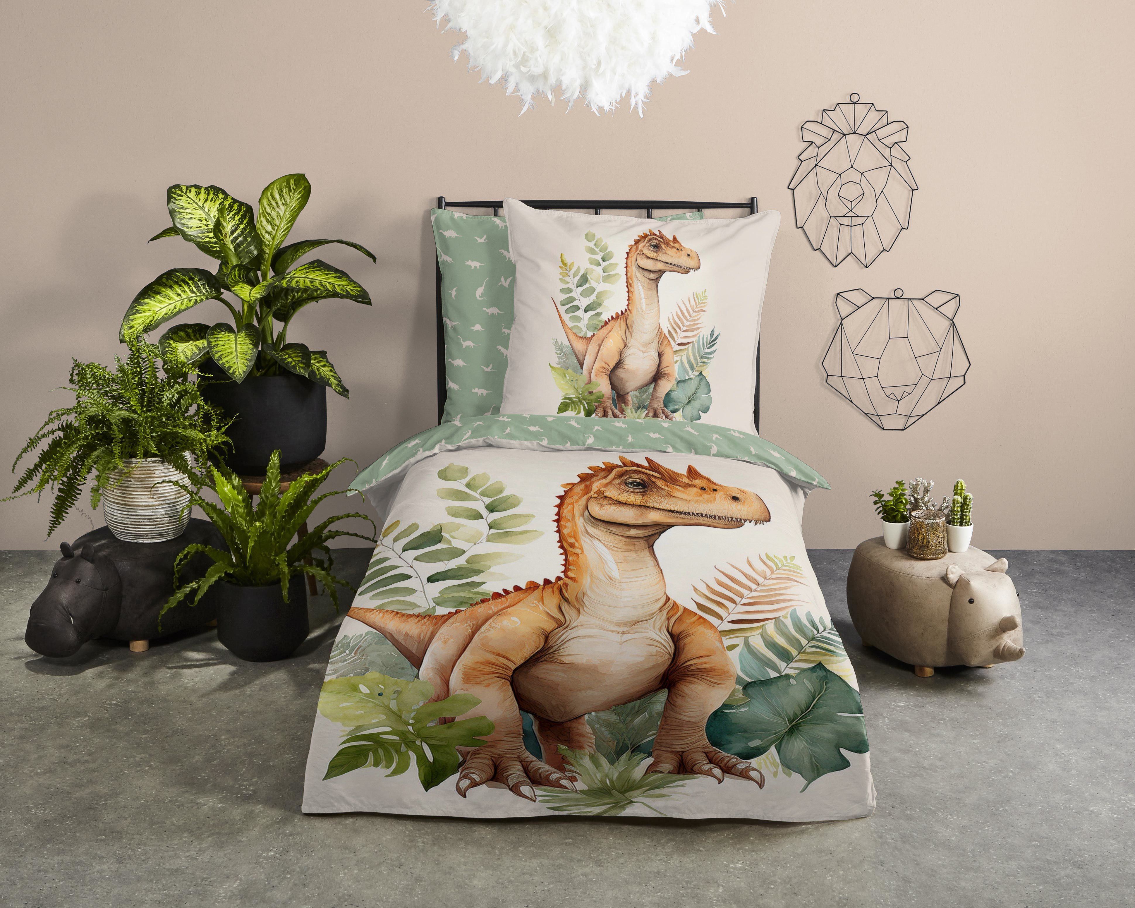 good morning Kinderbettwäsche Gregor, Renforcé, 2 teilig, Baumwolle, Renforcé, Wendeoptik, Kind, Junge, Dino