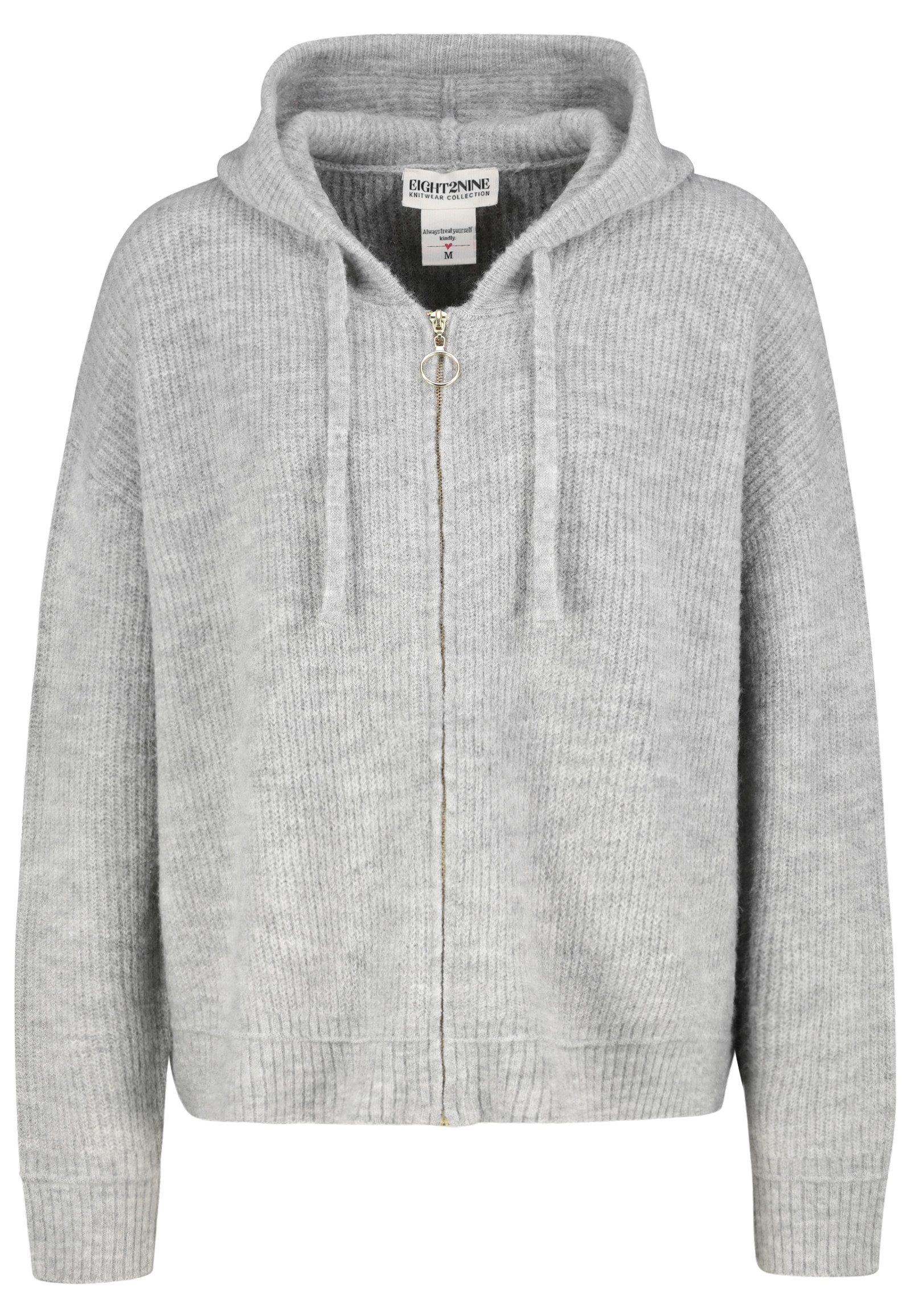 Eight2Nine Kapuzenstrickjacke Damen Strickjacke mit Kapuze Relaxed Fit, meliert, goldfarbener Reißverschluss