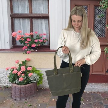 Domelo Shopper 52635 vegane Handtasche Schultertasche khaki aus gewachstem Canvas wasserabweisend, schlichte Optik, vegan, Upcycling Tasche aus gewachstem Canvas, wasserabweisend, DIN A4 geeignet