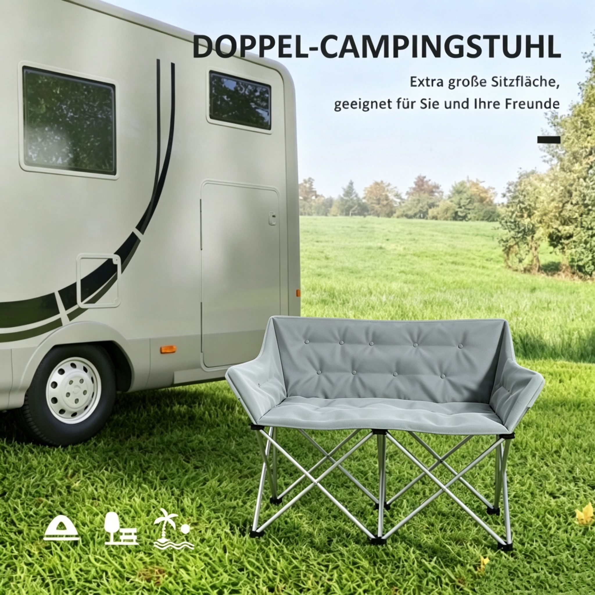 CHICFURN Campingstuhl Faltbarer 2-Sitzer Klappstuhl, gepolstert, mit Seitentaschen (Packung, 1 St), Mit Tragetasche, bis 240 kg belastbar, für Garten, Outdoor, Strand
