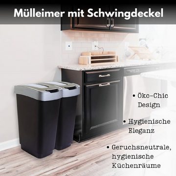SUSTANIA Mülleimer Duo Mülleimer Küche 2x 50 L Abfalleimer mit Schwingdeckel, Robust Recycelbarer Kunststoff, Schwarz/Silber