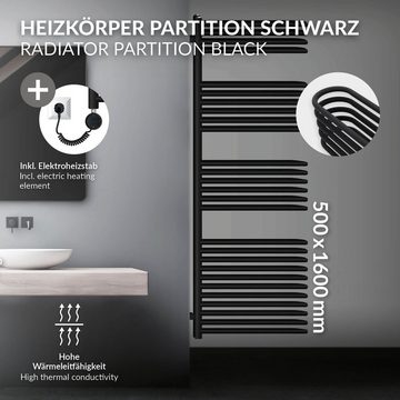 LuxeBath Elektrischer Badheizkörper Badheizkörper Paneelheizkörper Designheizkörper Handtuchtrockner, Schwarz matt 1600x500mm mit Montagematerial