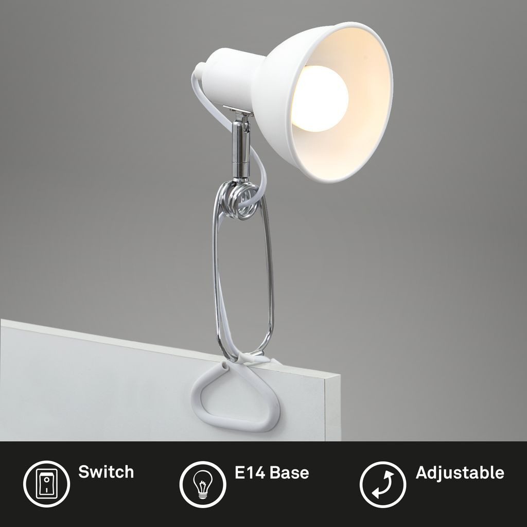 Briloner Leuchten Tischleuchte 2790-016, ohne Leuchtmittel, 2700K - Extra-Warmweiß, Klemmleuchte, 30,5x11x13cm, Weiß, max.8W, E14, Leselampe, Bett, Büro