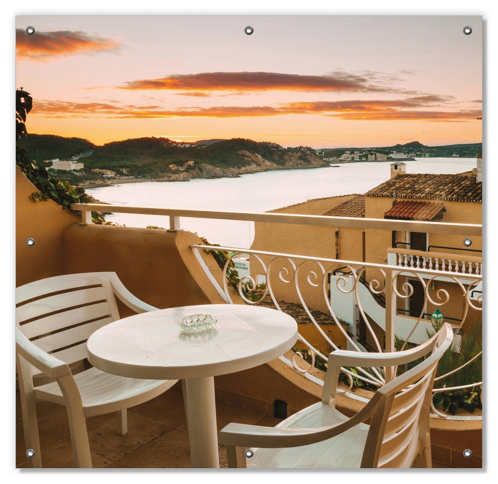 Sonnenschutz Sommer in Spanien - Ausblick von einer schönen Terrasse auf das Meer, Wallario, blickdicht, mit Saugnäpfen, wiederablösbar und wiederverwendbar