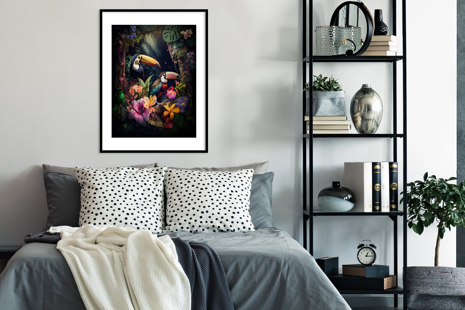MuchoWow Poster Tukan - Blumen - Pflanzen - Dschungel, (1 St), Gerahmtes Poster, Wanddeko, Bilder, Wandposter, Schwarzem Bilderrahmen | Poster