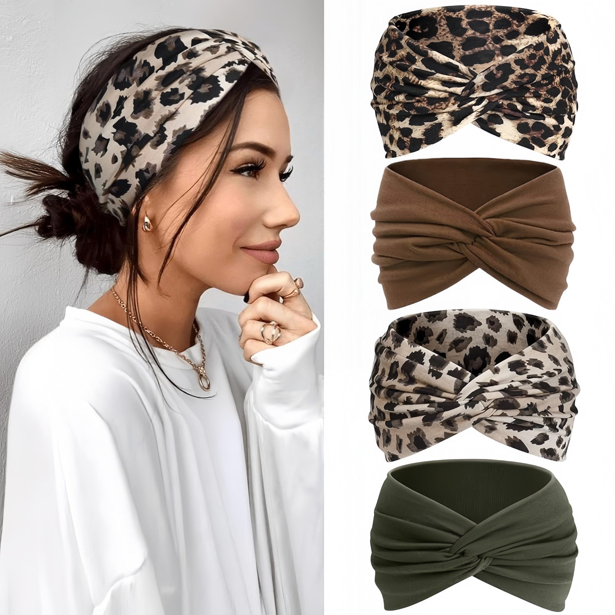 FOUORTUNATE-BEE Seidentuch 4 breite Haarbänder für Damen – Leo & Uni, elastisch, (5-St), 4er-Set elastische Stirnbänder für Yoga, Sport & Make-up