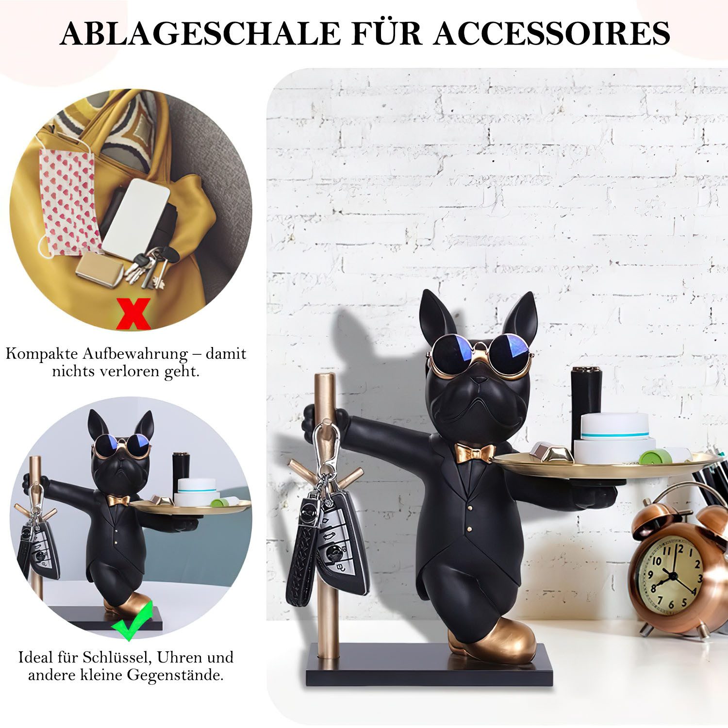 SURFOU Tierfigur Bulldogge Skulptur Deko Schlüssel Ablage Hund mit Tablett (Schlüsselablage Flur für Wohnzimmer Heimdekoration Moderne Büro), Tierskulptur Tischdekoration Eingang Desktop Dekoration
