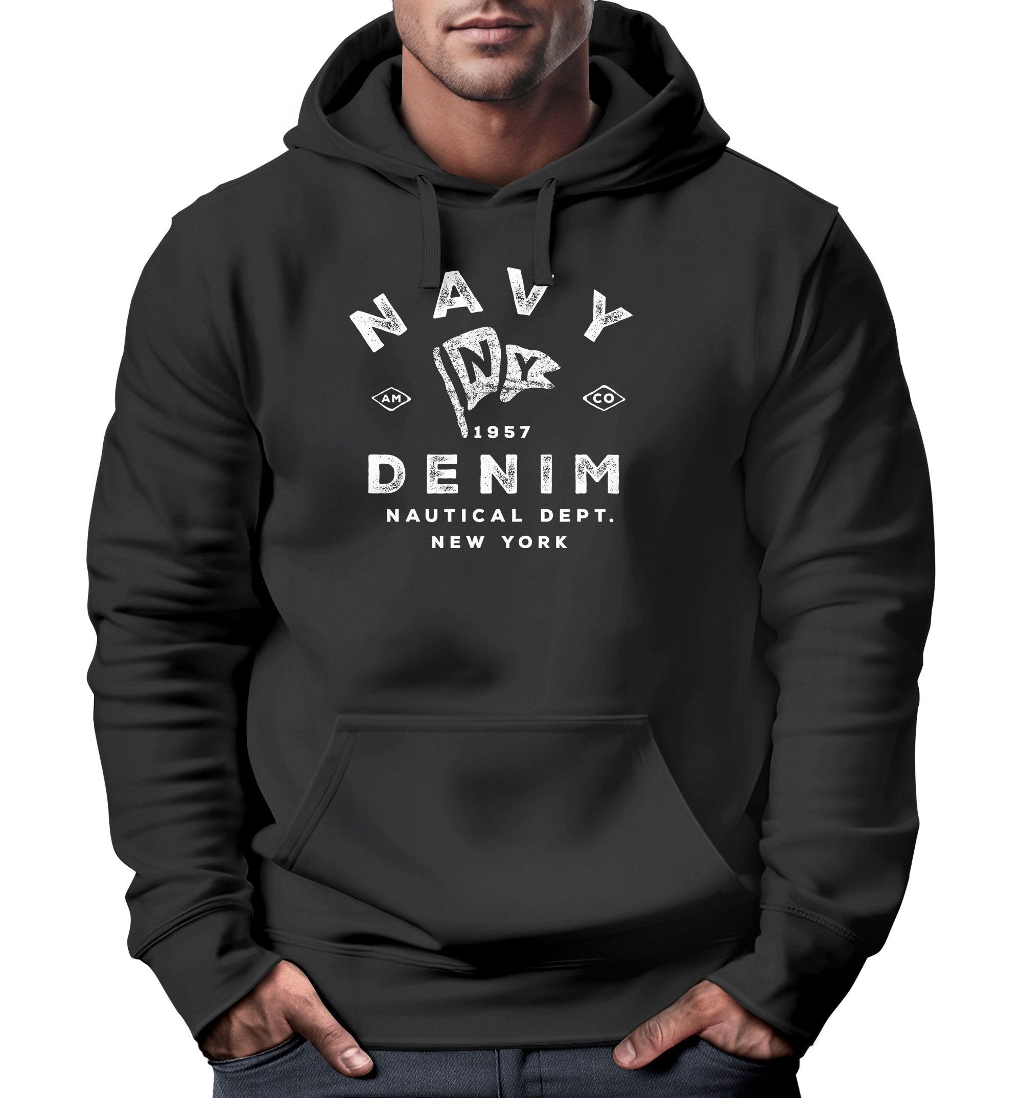 Neverless Hoodie Motiv Herren New vintage Denim Kapuzen-Pullover Hoodie Nautical Schriftzug Navy schwarz MännerNeverless® York