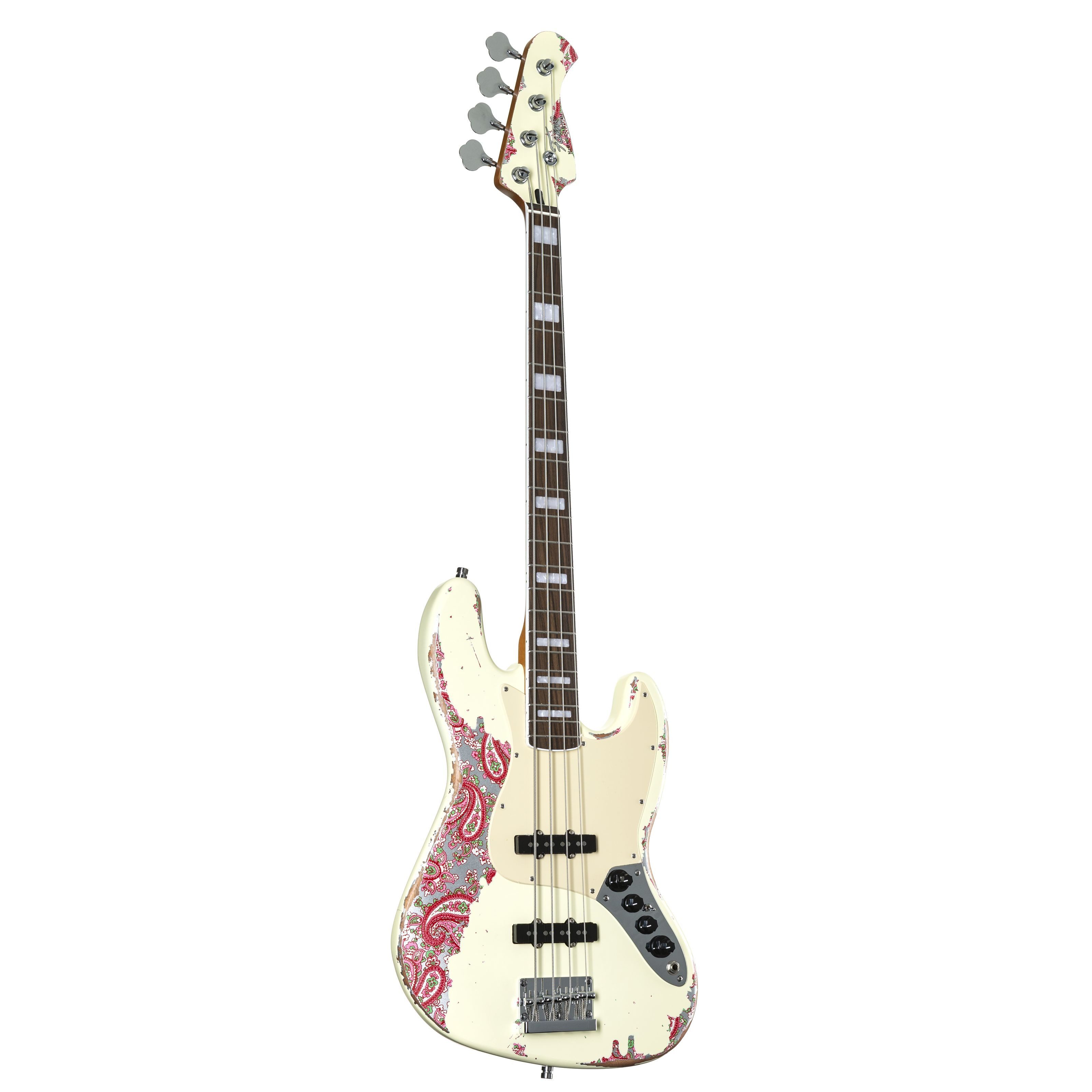 FAME E-Bass, Електричні баси, 4-Saiter Електричні баси, Custom JB 4 Worn Vintage White over Pink Paisley - E-Bass