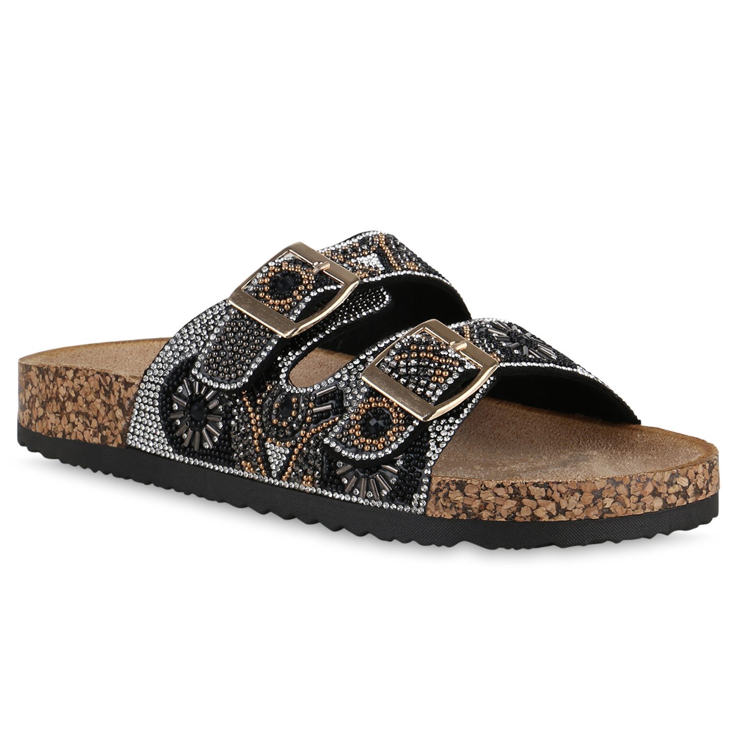VAN HILL 841098 Pantolette Damen Pantoletten Sandalen Bequeme Strass Zierperlen