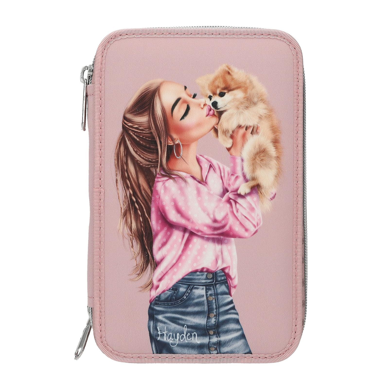 Depesche Federmäppchen Gefüllte 2-Fach Federtasche Rosa mit Model Motiv und Hund, Buntstifte, Schere, Lineal UVM.