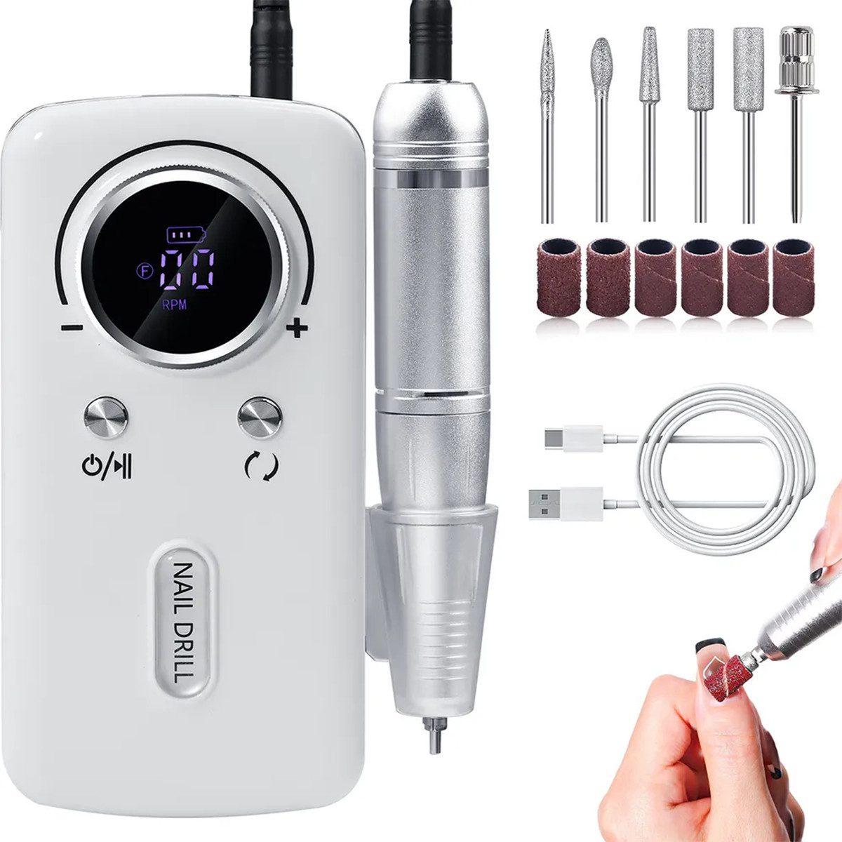 Welikera Maniküre-Pediküre-Set 45000 RPM Elektrische Nagelfräser LCD-Anzeige 6 Metall-Polierkopf