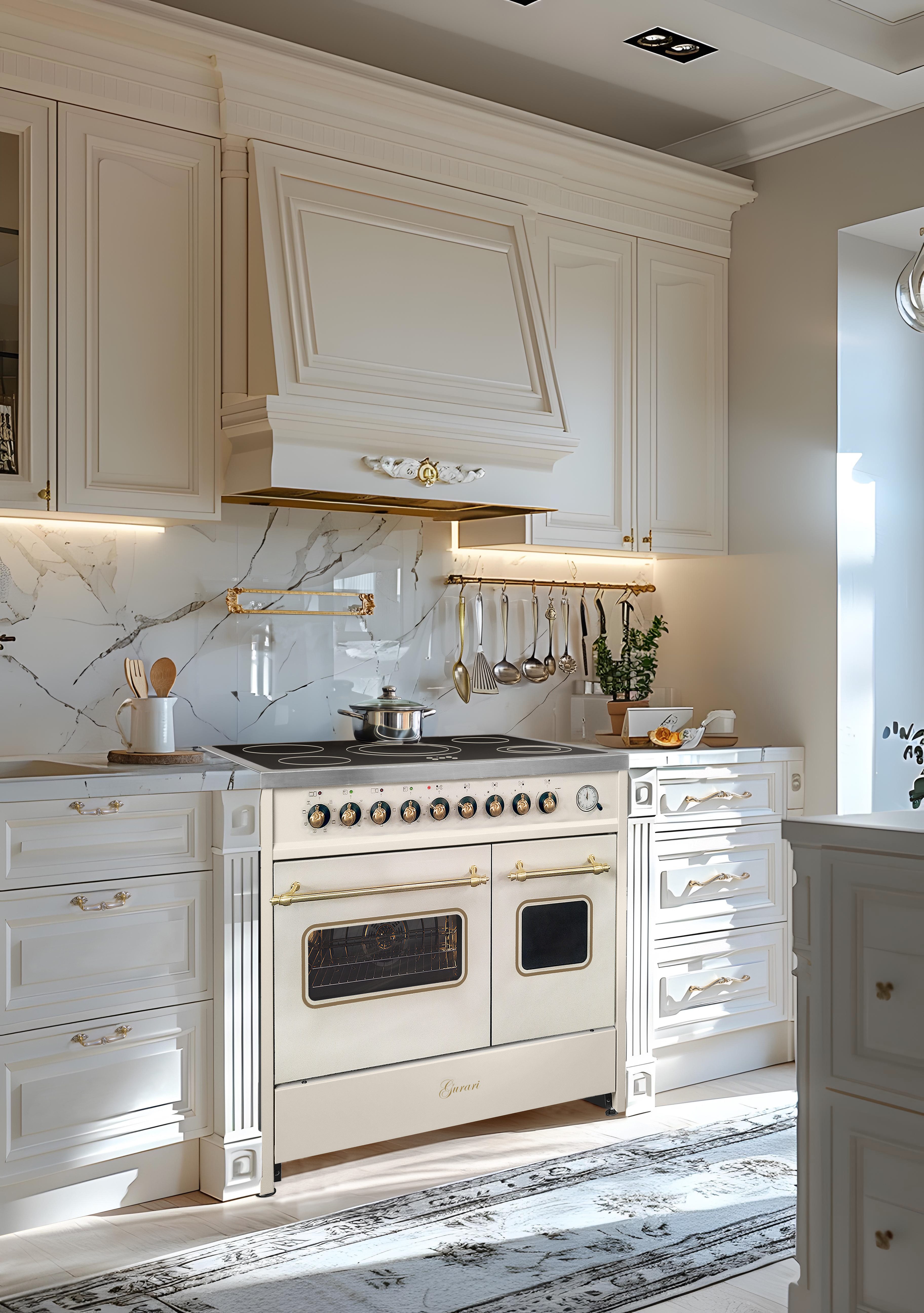 GURARI Elektro-Standherd Glaskeramik Herd 90 cm Creme Range Cooker Elektro Doppelbackofen mit Dunstabzugshaube 90 cm in Creme, Flachpaneel Wandhaube Motor 1000m³/h GCH E 912 DF Cr r+GCH 461 BG 9., mit 1-fach-Teleskopauszug, Elektro Standherd 90 cm, Doppelbackofen+Dunstabzugshaube 90cm