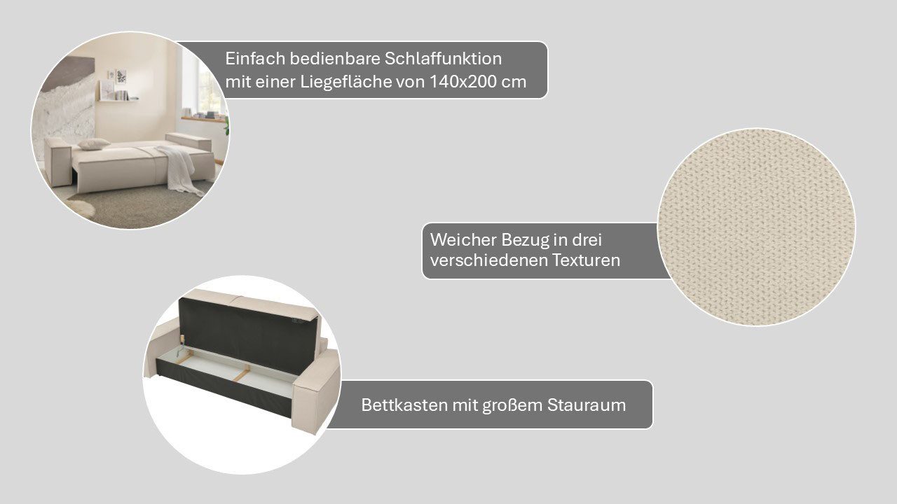 OTTO home 3-Sitzer FINNLEY, Schlafsofa 257 cm - OTTO. Verlässliche Qualität., mit Bettkasten, in Bouclé, Struktur fein und Mega Cord