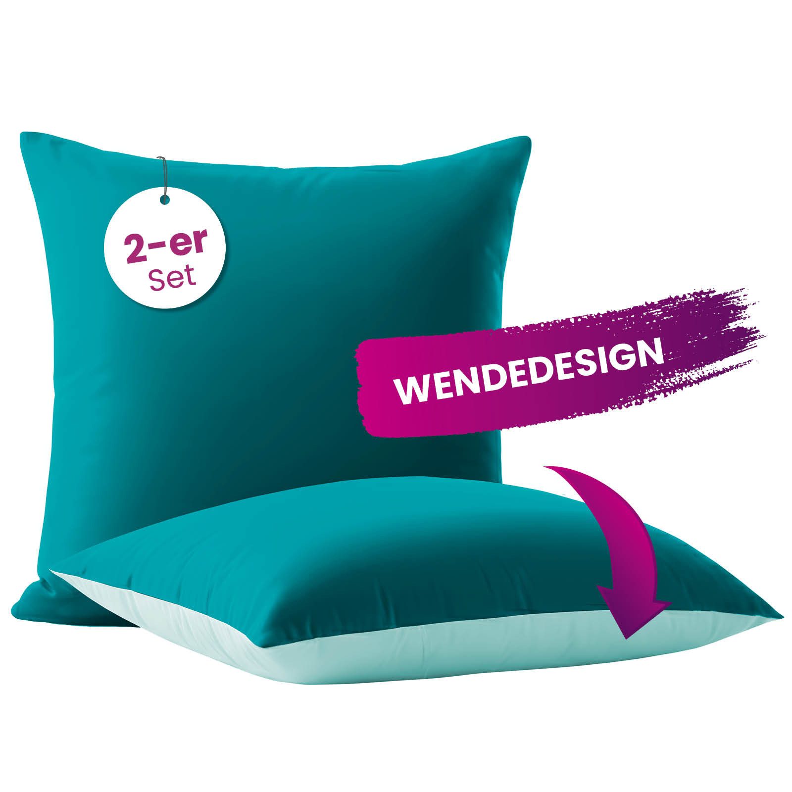 wometo Microfaserbettdecke Microfaser Kissenhüllen Doppelpack türkis 80x80, OEKO-TEX®, praktischer Hotelverschluss