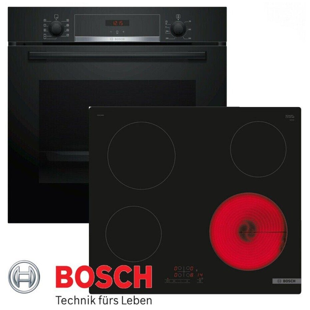 BOSCH Elektro-Herd-Set Autark Herdset Schwarz Backofen 3D Heißluft +Glaskeramik Kochfeld 60cm, mit 1-fach-Teleskopauszug, Kytylyse- Rückwand