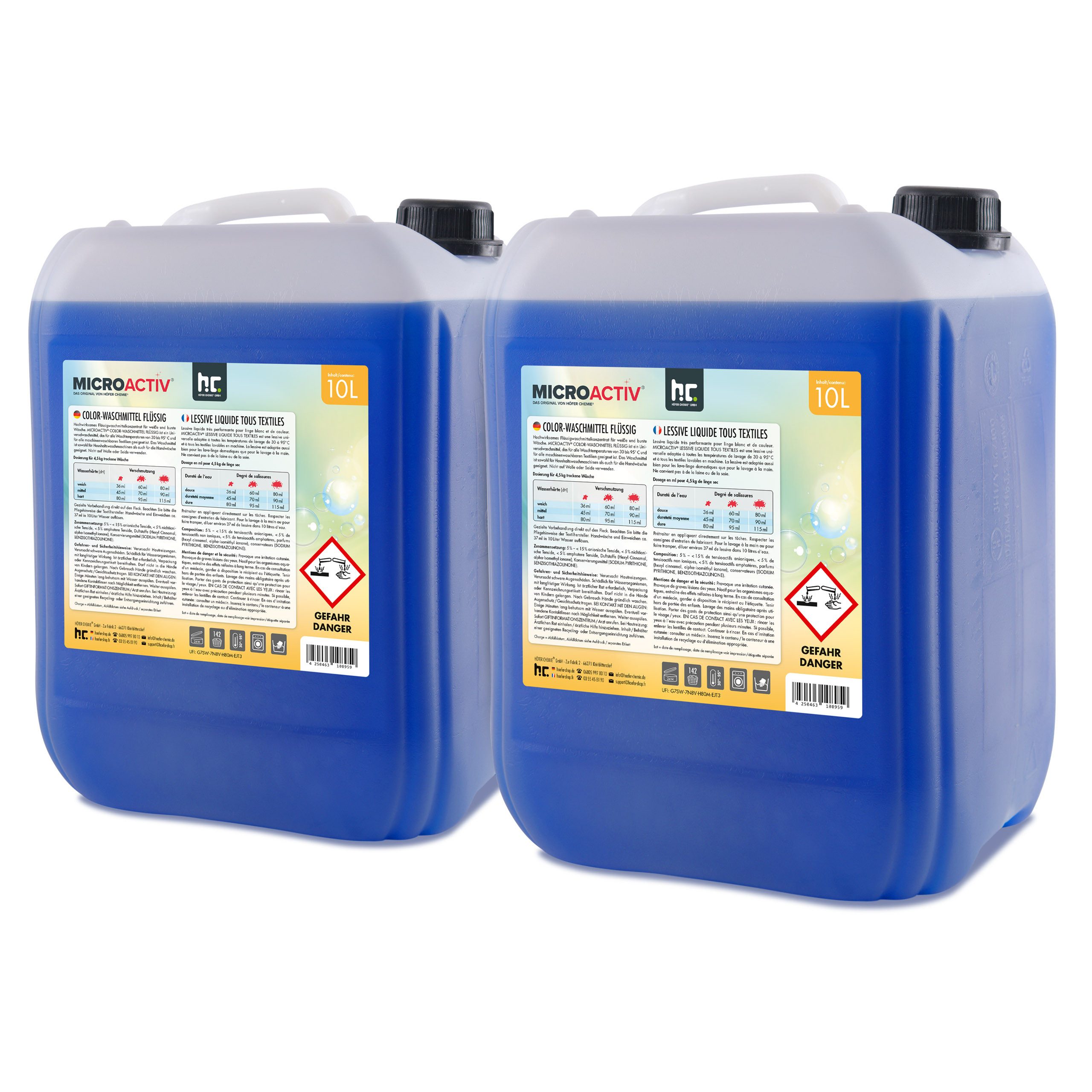 Höfer Chemie GmbH 2x 10 L Microactiv® Color Waschmittel flüssig Grundreiniger (Strahlende Farben und sanfte Reinigung)