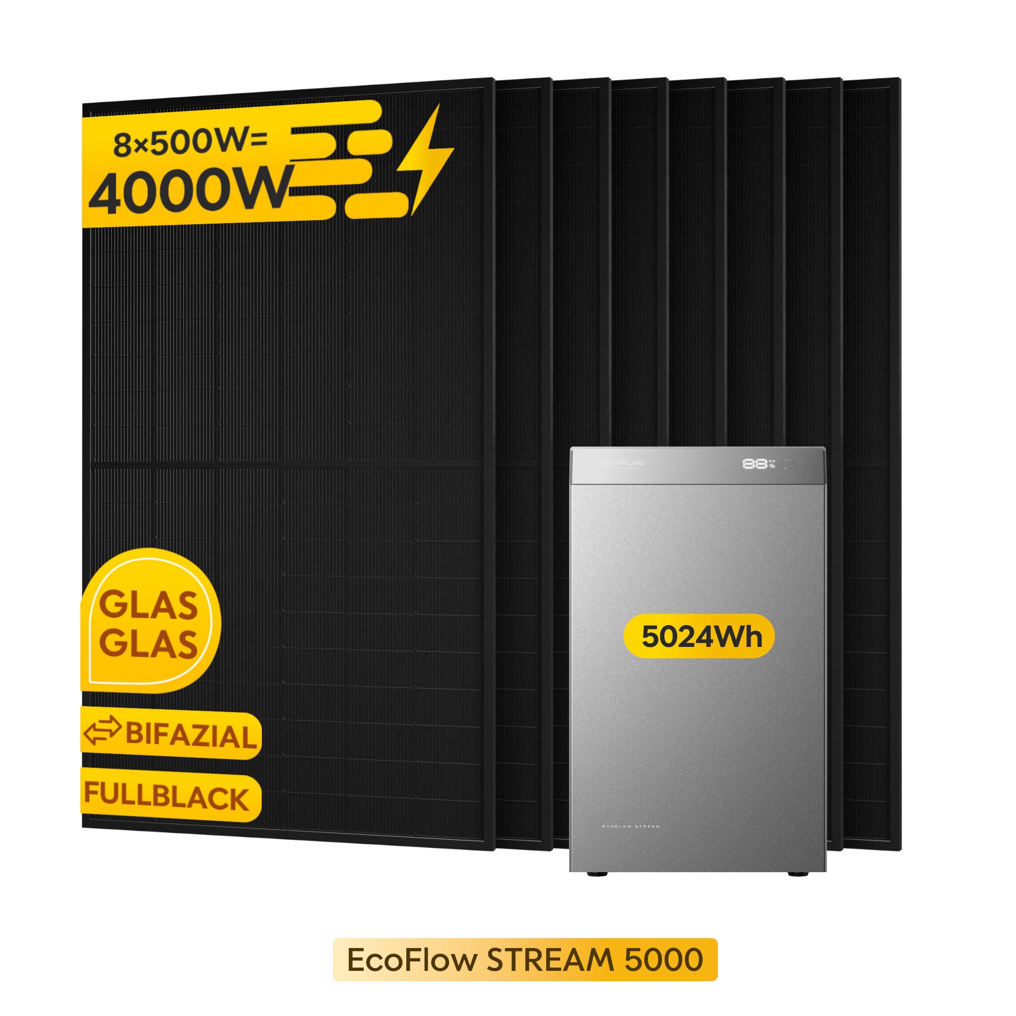 Ecoflow Balkonkraftwerk EcoFlow STREAM 5000 Speicher 5024Wh mit 4.000 Wp Solarmodule, (8×500 W Solarmodule), inkl. Smart Meter & Halterung (Optional)