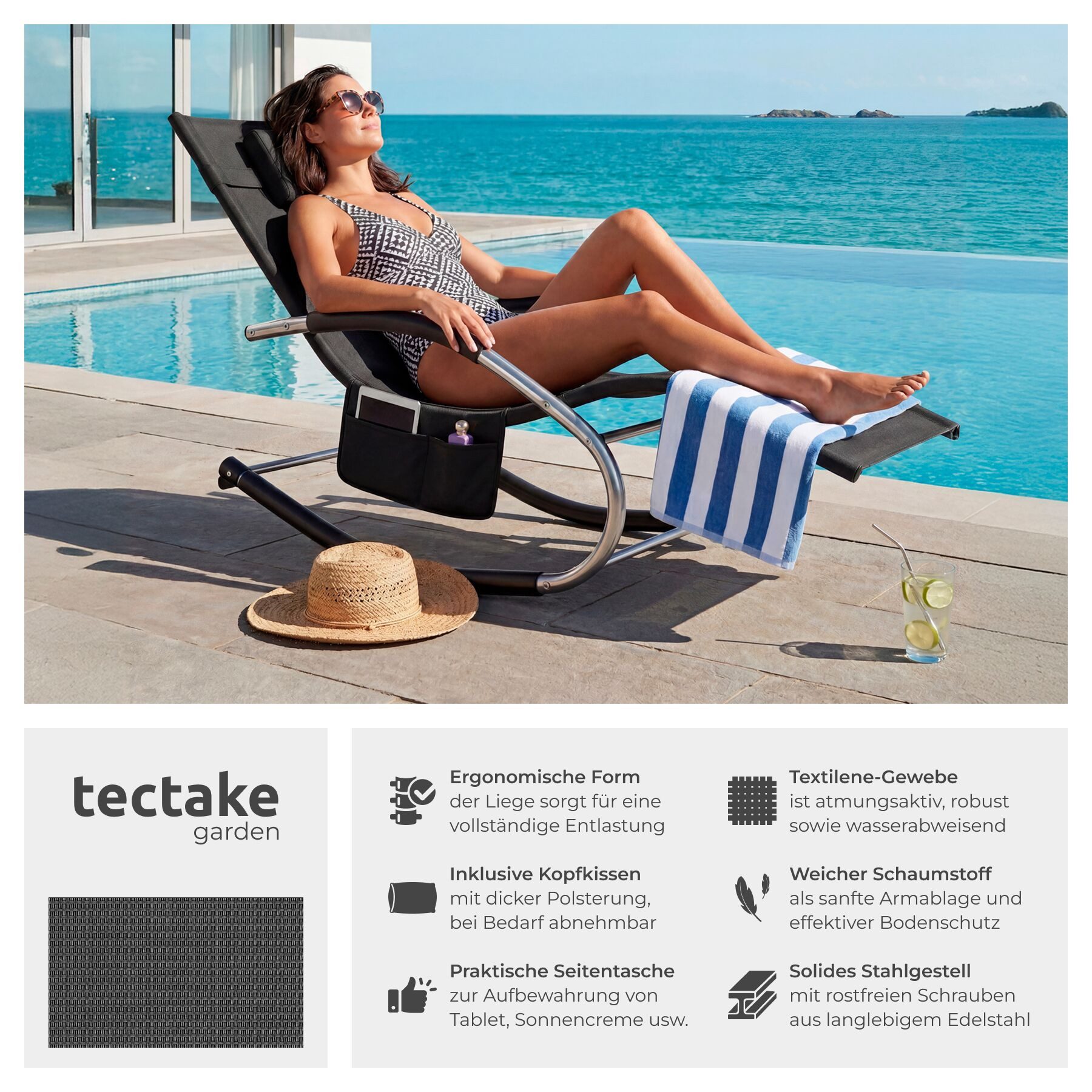 tectake Gartenliege ergonomische Sonnenliege, Belastbarkeit 120 kg, 62 x 146 x 92 cm, Balkonliege Taya, 1 St., für Außen in Schwarz, gepolstert, atmungsaktiv, wasserabweisend, mit Aufbewahrungstasche