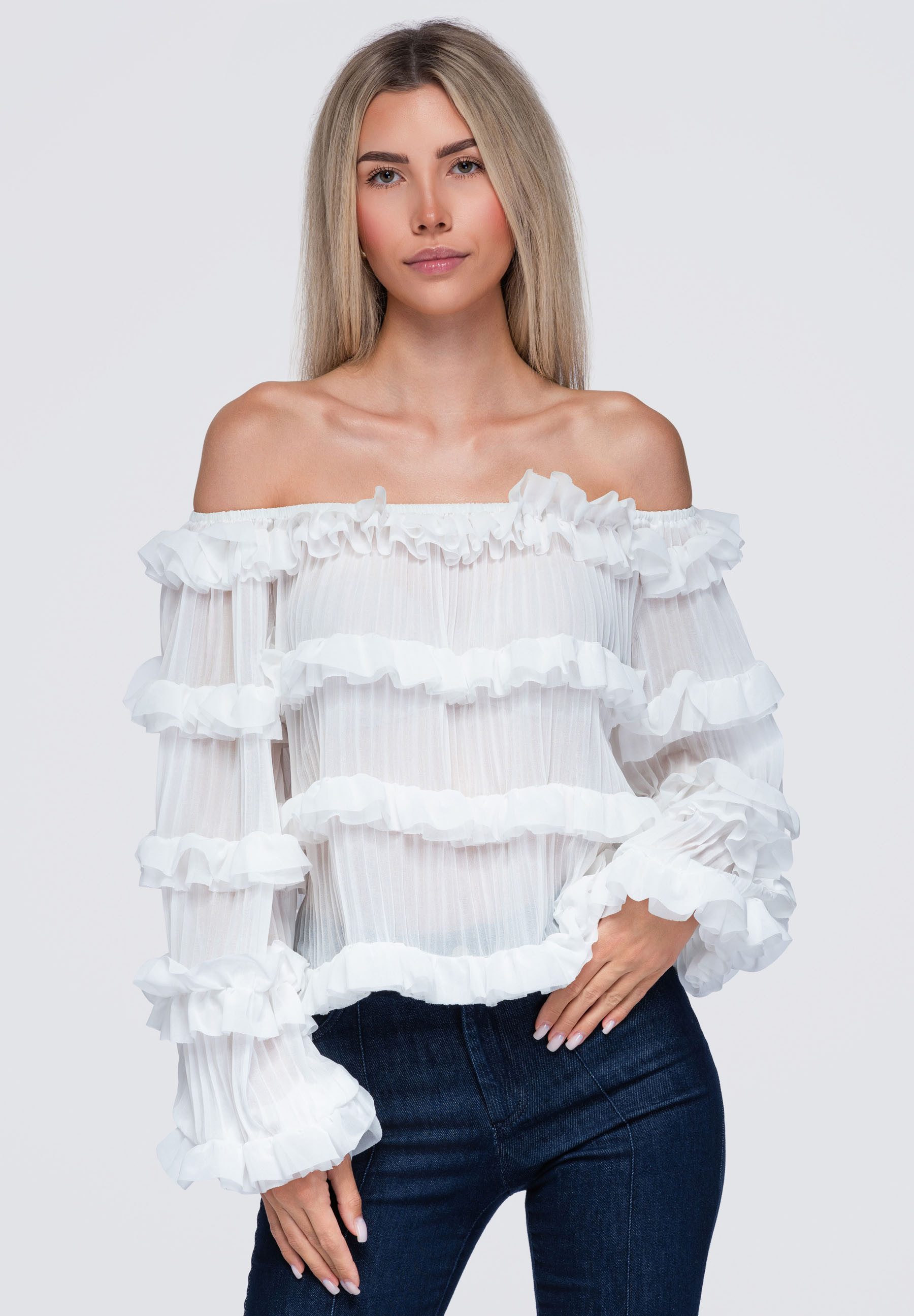 OMBRE Hemdbluse Damen Bluse mit Rüschen und weitem Schnitt Weiß S (kein Set, 1-tlg) plisierte Struktur