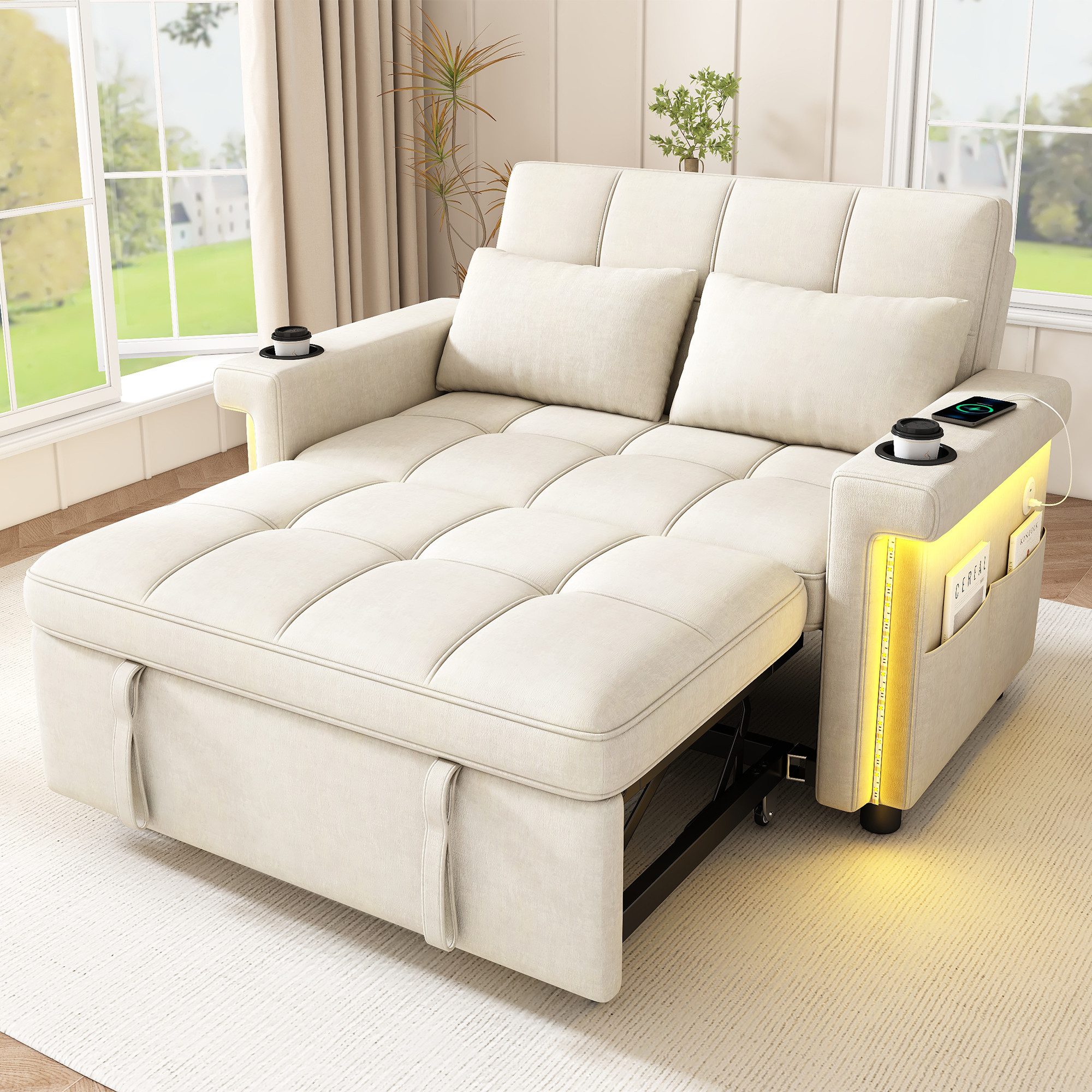 Merax Schlafsofa mit Schlaffunktion, 2-Sitzer Sofa mit LED, USB & Type-C Ladeanschluss, Tagesbett Sofabett aus Chenille 1 Teile, mit verstellbarer Rückenlehne, Getränkehalter, Seitentaschen, 2 Kissen