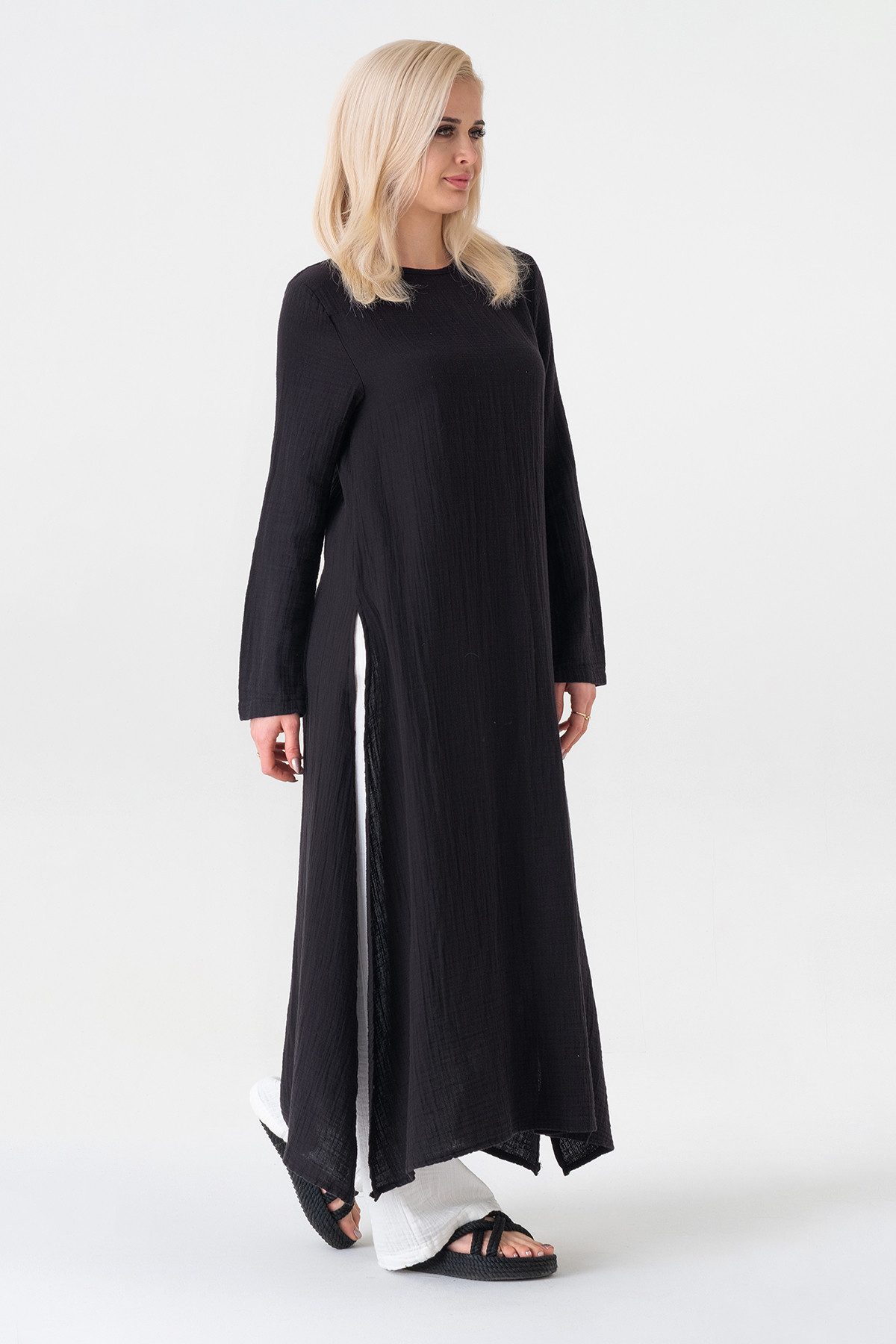 WENOR Longtunika Damen Musselin Longbluse Langarm mit Seitenschlitzen Modest Fashion extra langer Schnitt für bedeckte Looks – Bild 3 von 5