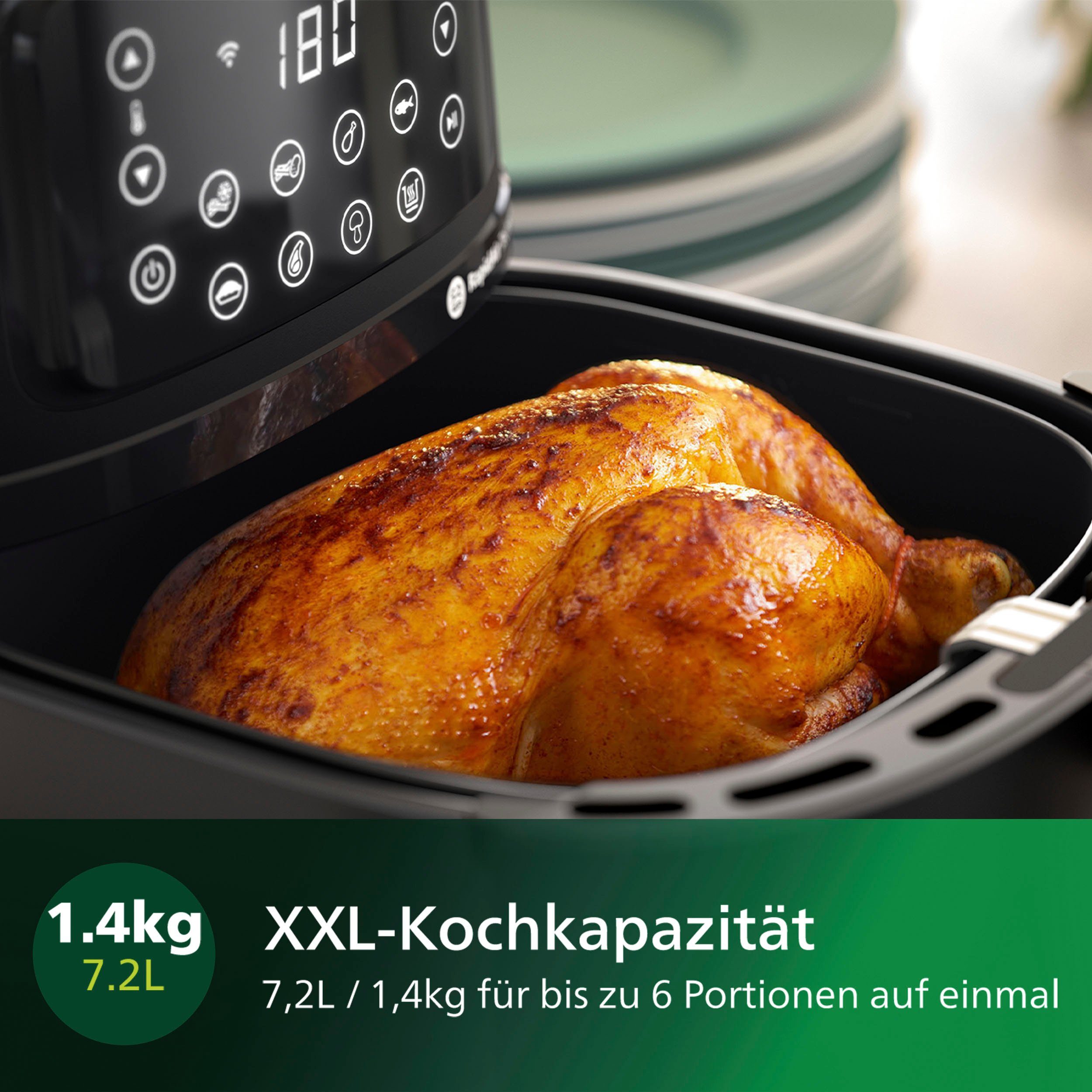 XXL WiFi und Konnektivität HD9285/90, 2000 mit Airfryer Warmhaltefunktion Philips W, Heißluftfritteuse