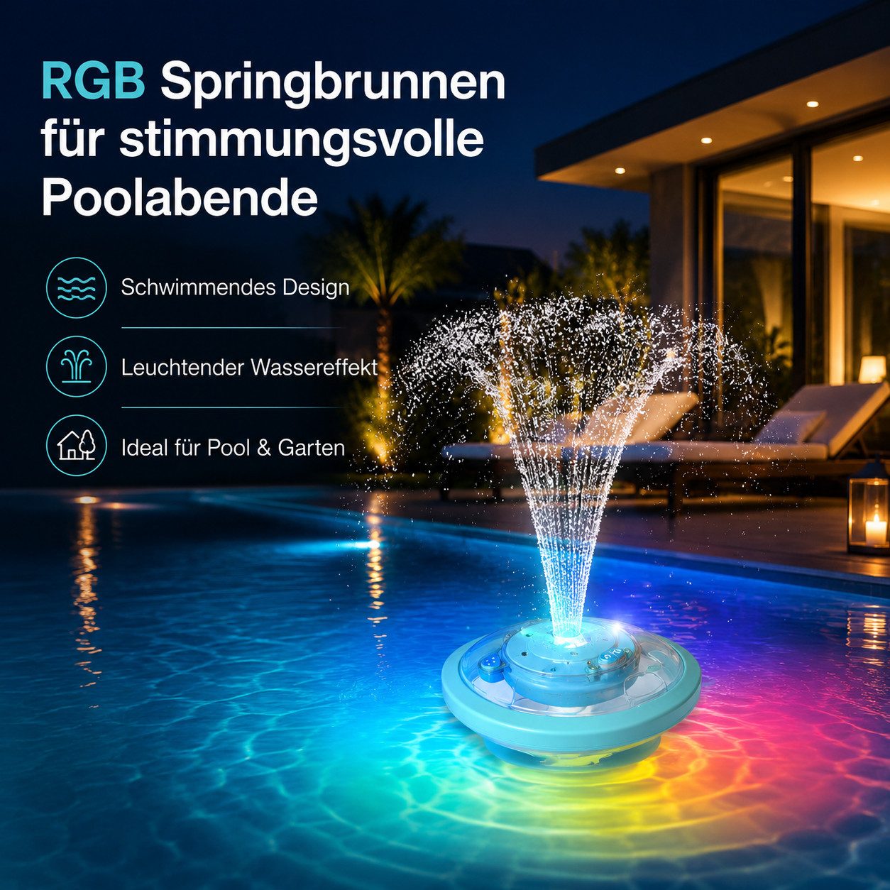 Tekoo LED Teichleuchte Poolbeleuchtung: LED-Springbrunnen & schwimmendes Wasserspiel, LED fest integriert, Blau, Rot, RGB Farbwechsel, Warmweiß, Grün, 5 RGB-Lichteffekte, schwimmfähig