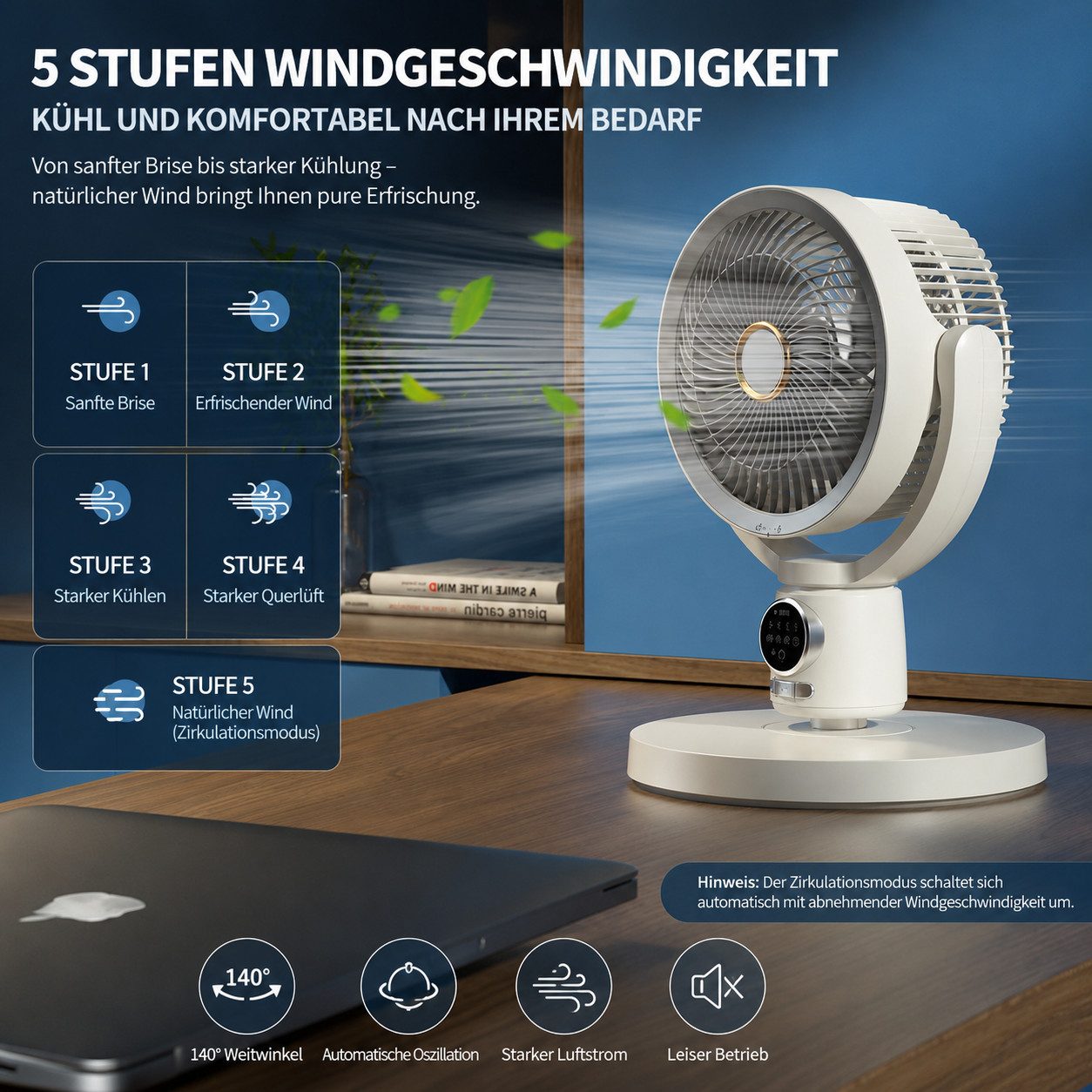 MOPUEA Standventilator Standventilator Tischventilator 5Stufen Fernbedienung höhenverstellbar, 5 Windstufen, 140° Oszillation, 9-h-Timer, Nachtlicht und Akkubetrieb.