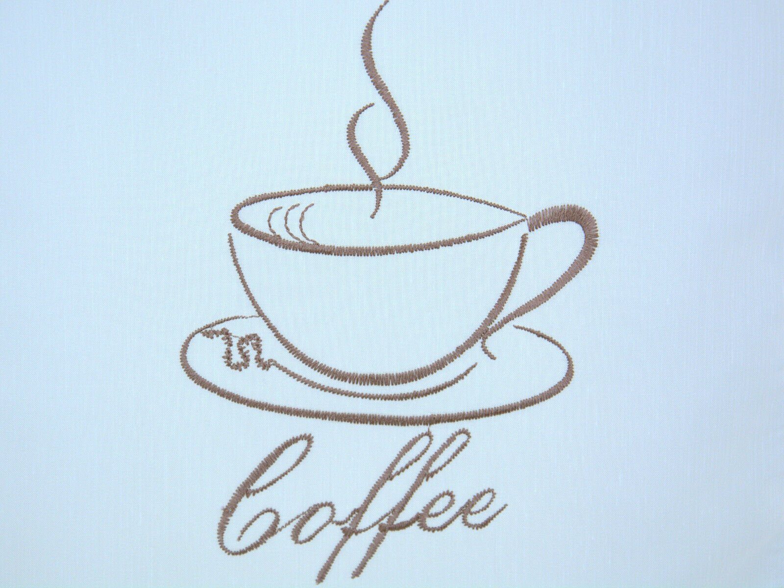 Scheibengardine Design Mini Flächenvorhang (3 braun Stangendurchzug transparent, Coffee bestickt 4057-01, Kaffeemotiv, Clever-Kauf-24, weiß St), Kaffee Set transparent, weiß bestickt
