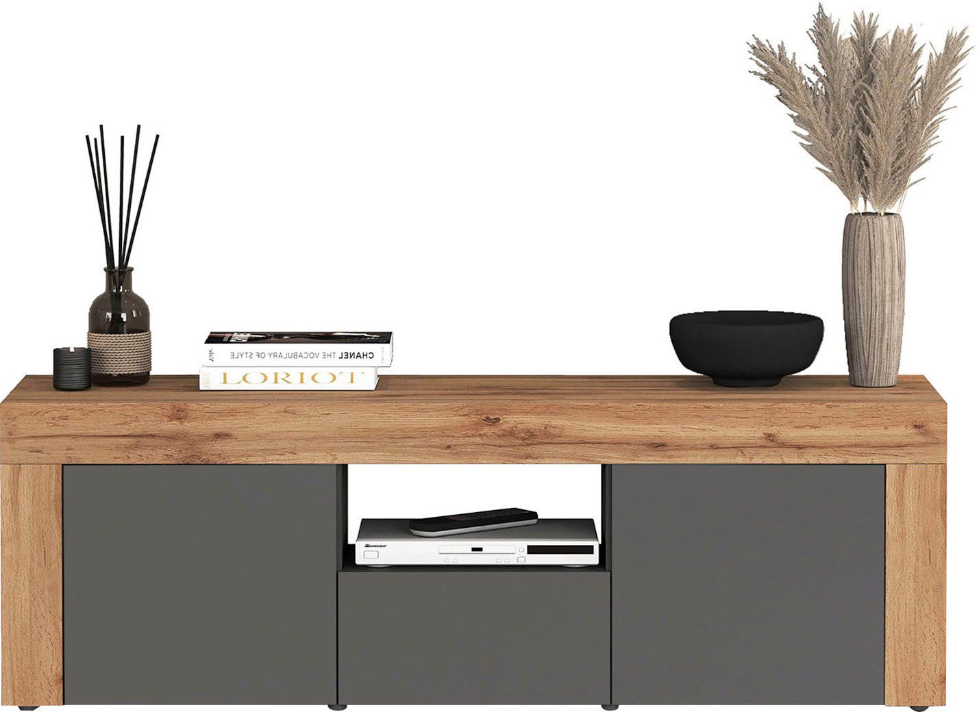 OTTO home Lowboard CHRONOS Breite 155 cm mit 2 Türen, 1 Schublade,1 offenes Fach (1 St), TV-Board, Sideboard niedrig, Grifflos mit Push to Open 'Made in Italy'