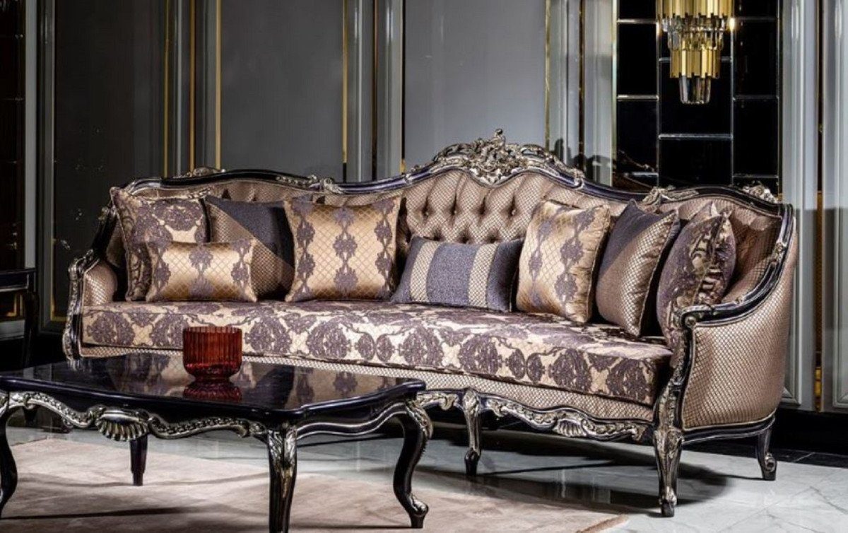 Casa Padrino Sofa Luxus Barock Sofa Gold / Lila - Prunkvolles Wohnzimmer Sofa mit elegantem Muster und dekorativen Kissen - Wohnzimmer Möbel im Barockstil