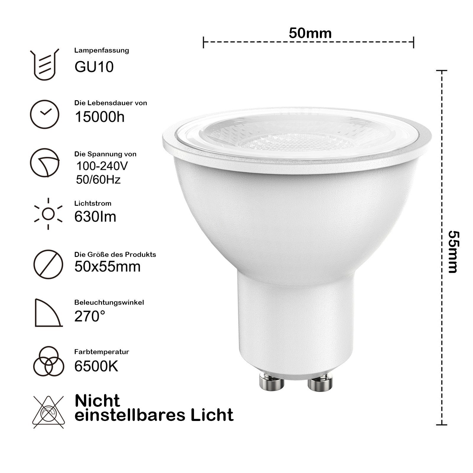 GU10 270°Spot LED-Leuchtmittel Lampe Weiß,LED-Leuchtmittel, Lumen LED-Glühbirne Reflektor MUPOO 7W,10St.LED Energiesparlampe Birne 6500K