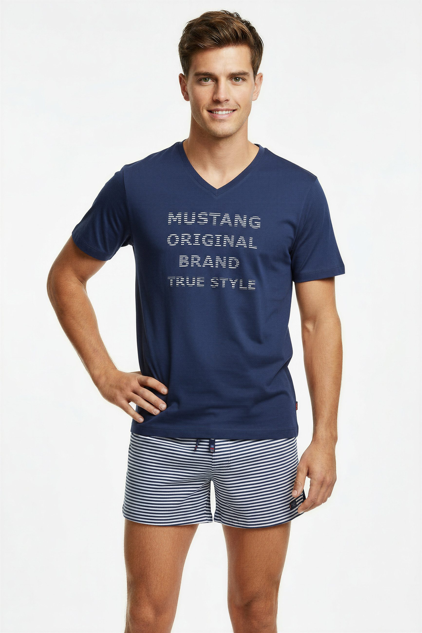 MUSTANG Schlafanzug OLE Short-Set T-Shirt Short kurze Hose Pyjama Schlafkombi (2 tlg) Oberteil navy, Short navy/graumelange geringelt