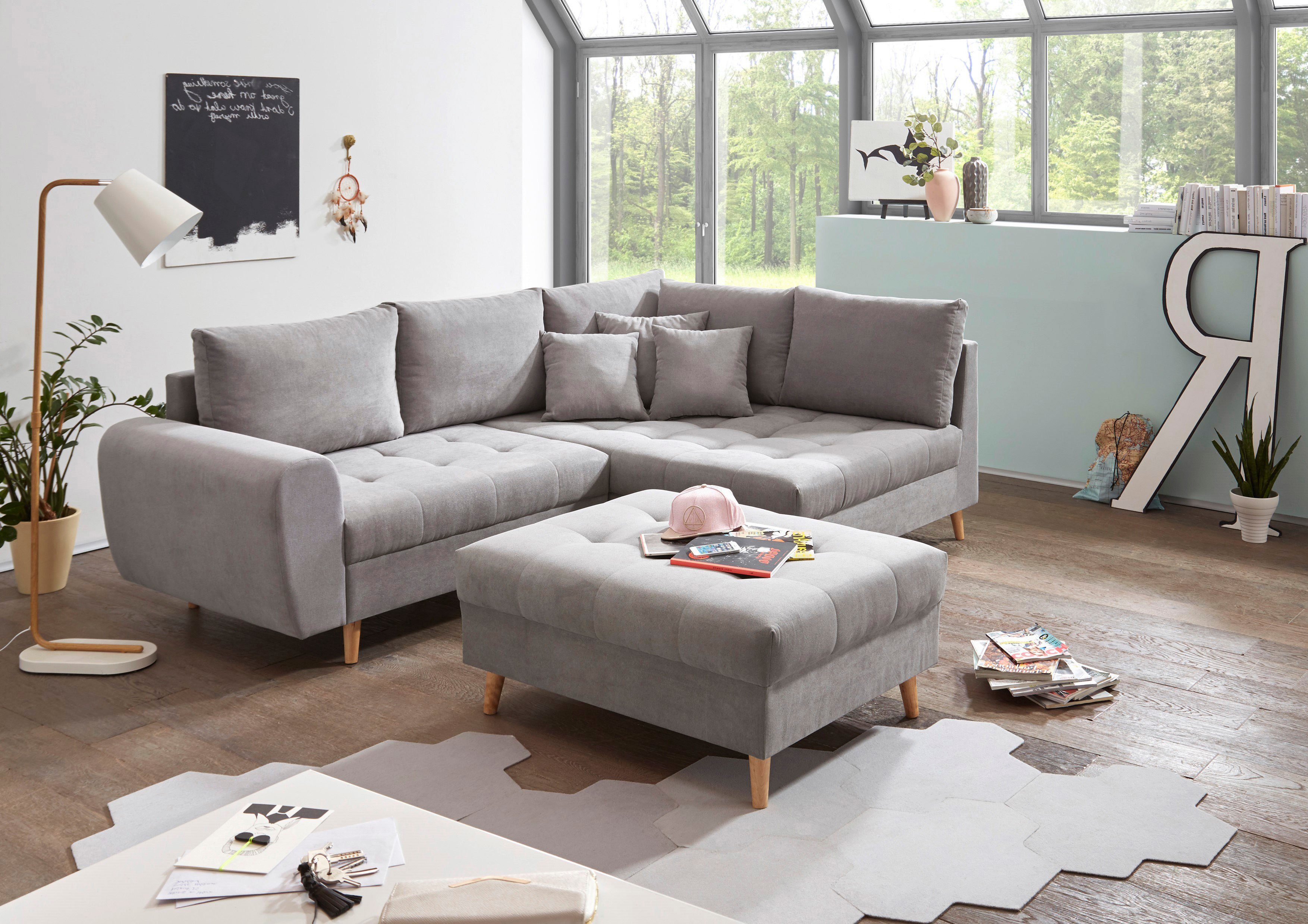 ED EXCITING DESIGN Ecksofa Alice L-Form, Set, mit Hocker & 3 Zierkissen